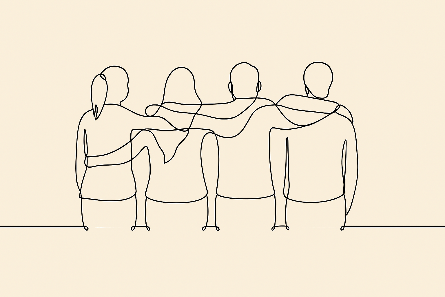 Minimalist line drawing of four people with their arms around each other's shoulders, facing away, on a light background.