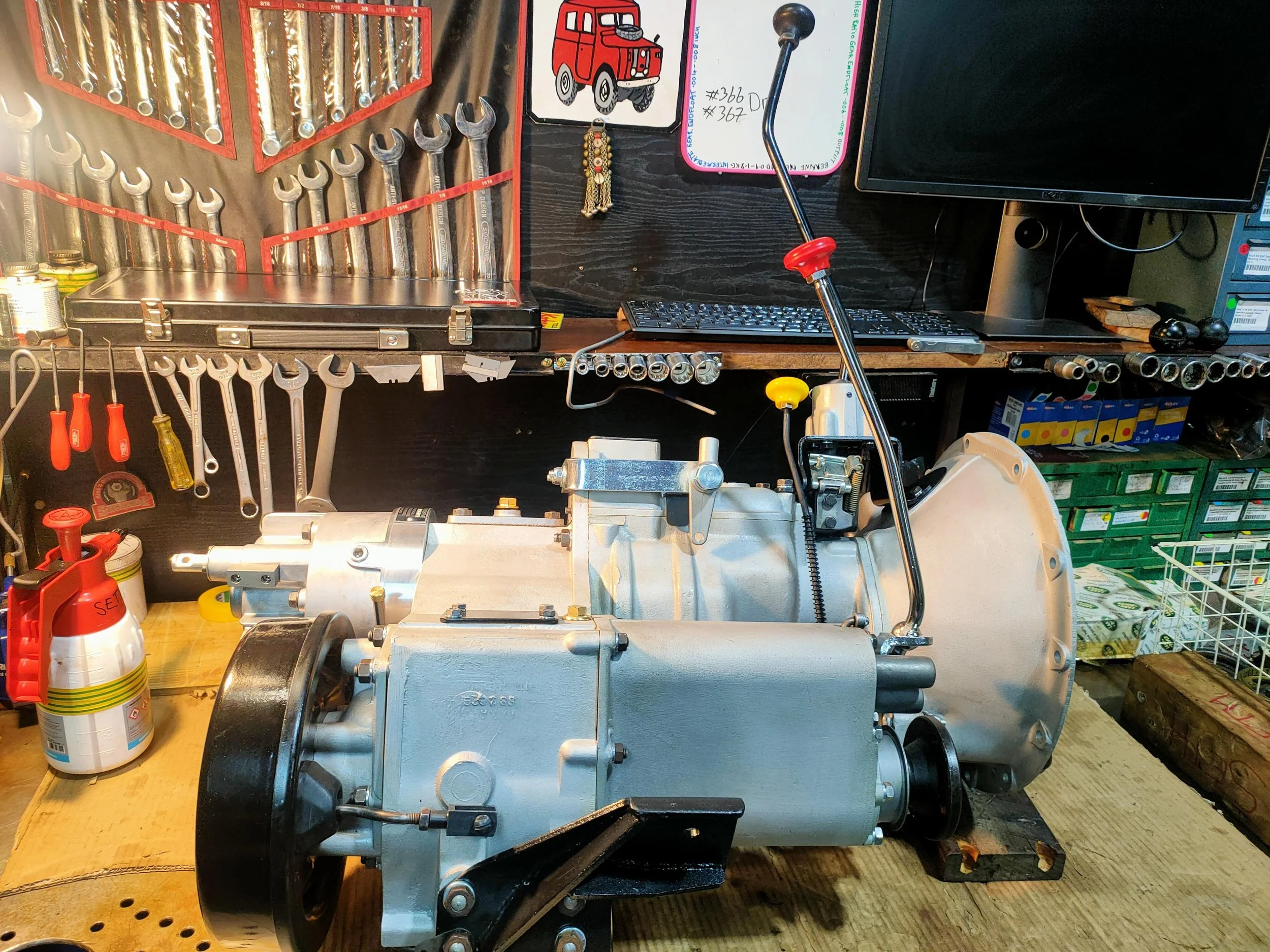 A rebuilt Series 3 gearbox and transfer case, with wet-blasted and clear-coated casings at the customer's request 
