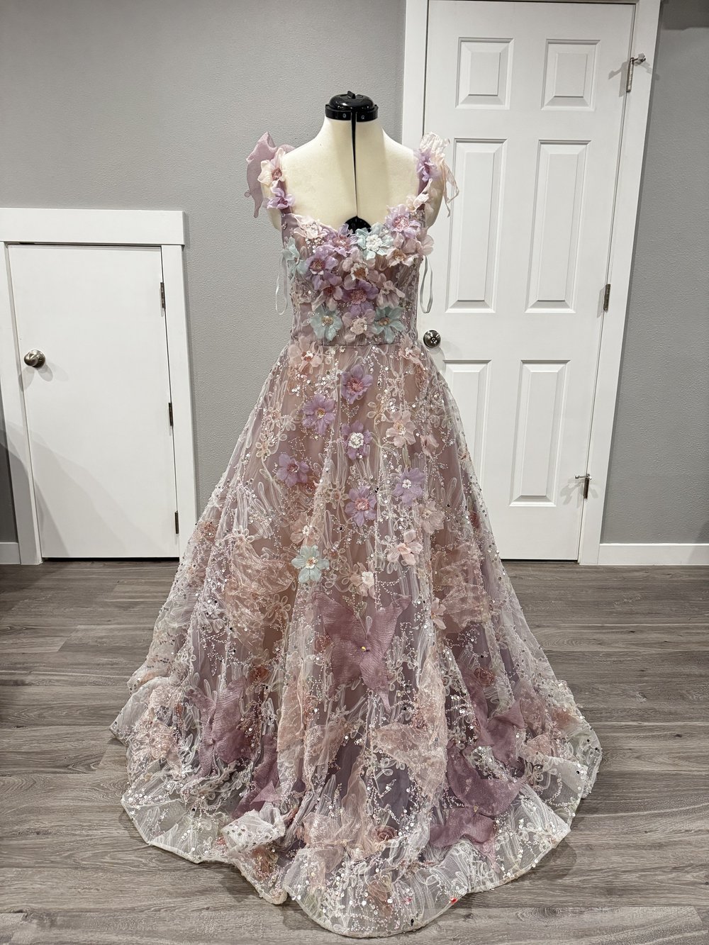 sachin and babi light blue dress A-Line Puff Sleeves Lace Gray Blue Long Prom Dress, Gray Blue Formal D –  toptby