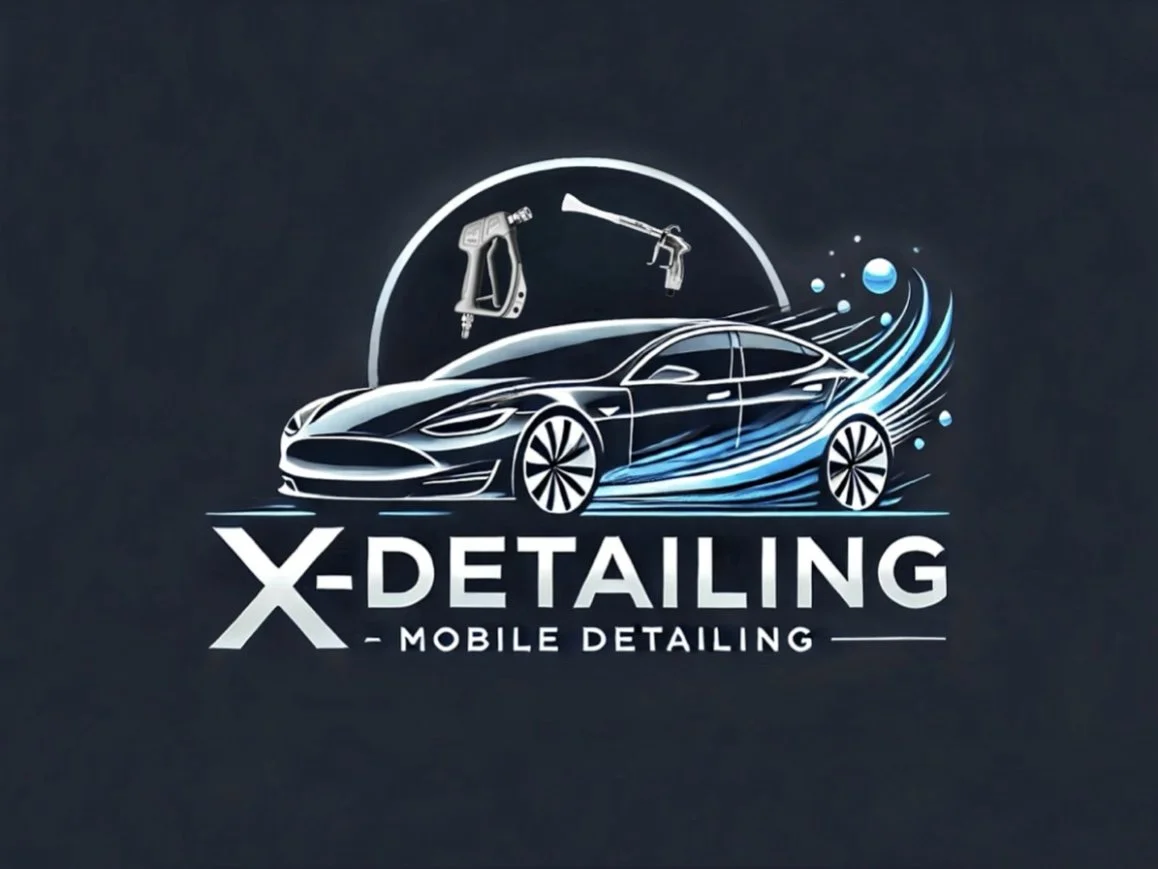 Logo for X-Detailing Mobile Detailing featuring a stylized black car, washing tools above, with water and bubbles around, and the text "X-Detailing - Mobile Detailing".