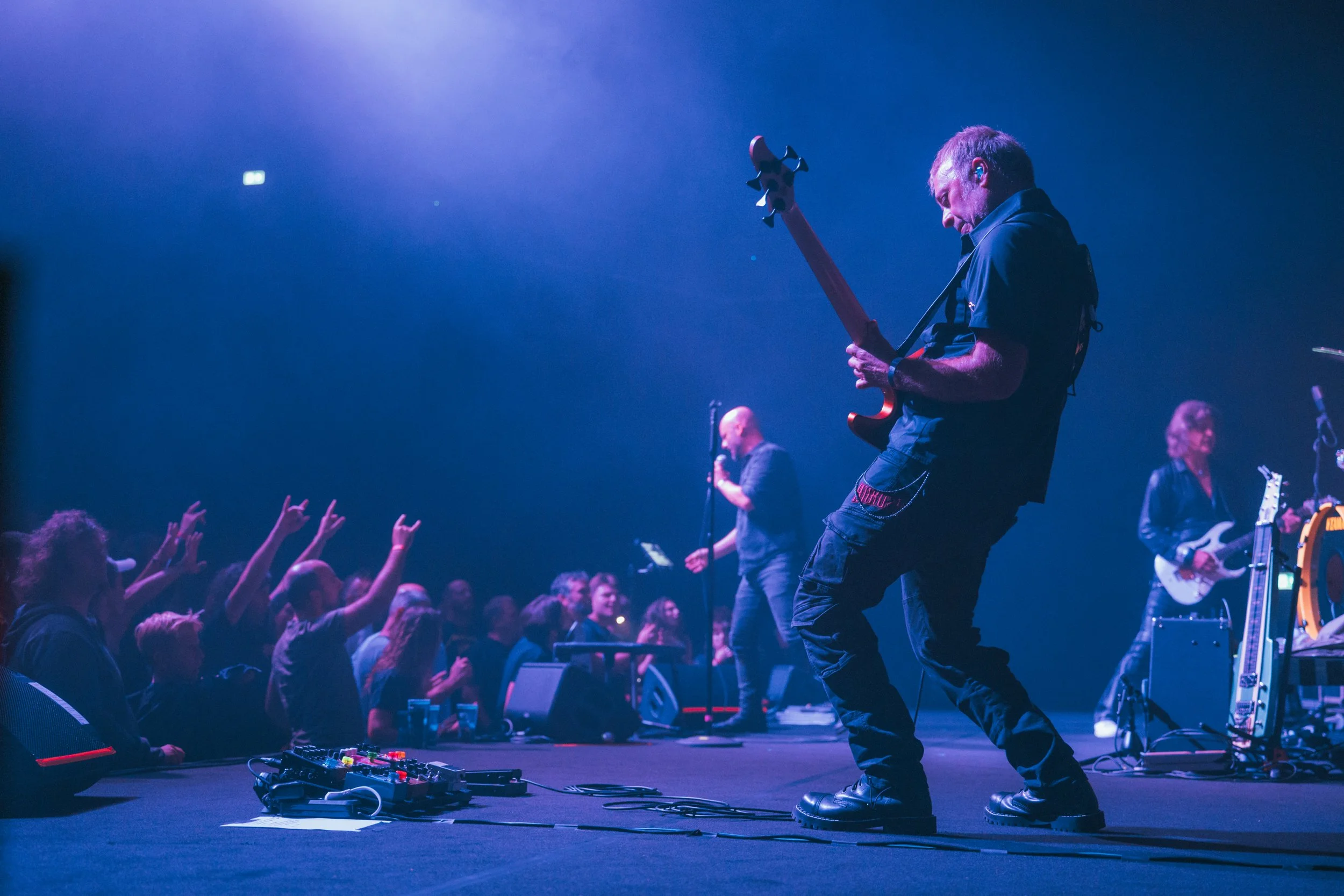 A live music concert showing a guitarist in the foreground, a singer in the background, and an audience with raised hands, all illuminated by stage lighting.