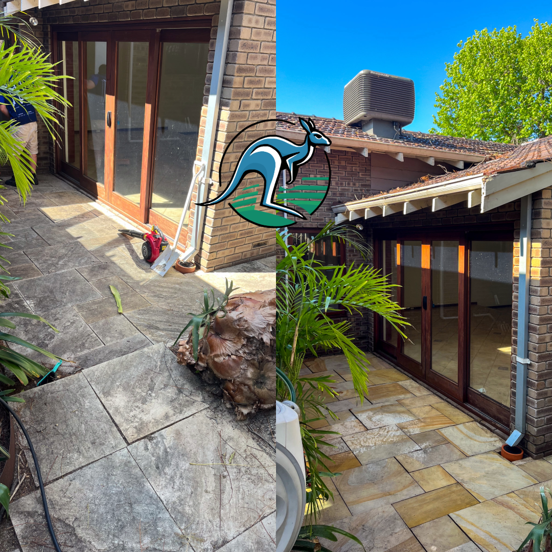 Side-by-side comparison of a backyard patio before and after cleaning. The left side shows dirty, moss-covered stones, a leaf blower, and unkempt plants. The right side shows a cleaned, bright, and tidy patio with clean stones and lush green plants. A house with sliding glass doors, brick walls, roof, and an air conditioning unit are visible.