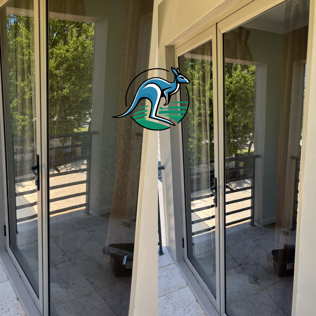 Comparison of a glass sliding door before and after cleaning, with a green and blue kangaroo logo overlay.