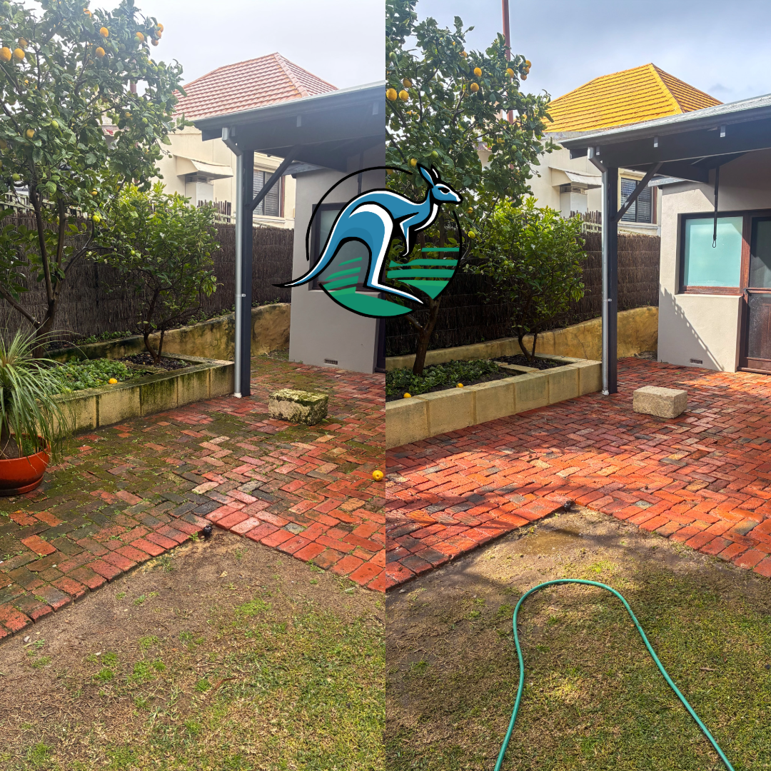 Side-by-side comparison of a backyard before and after landscaping. The before image shows patchy grass, mossy bricks, and a small stone. The after image shows a cleaned brick patio, a new large stone, and a grass area with a garden hose.
