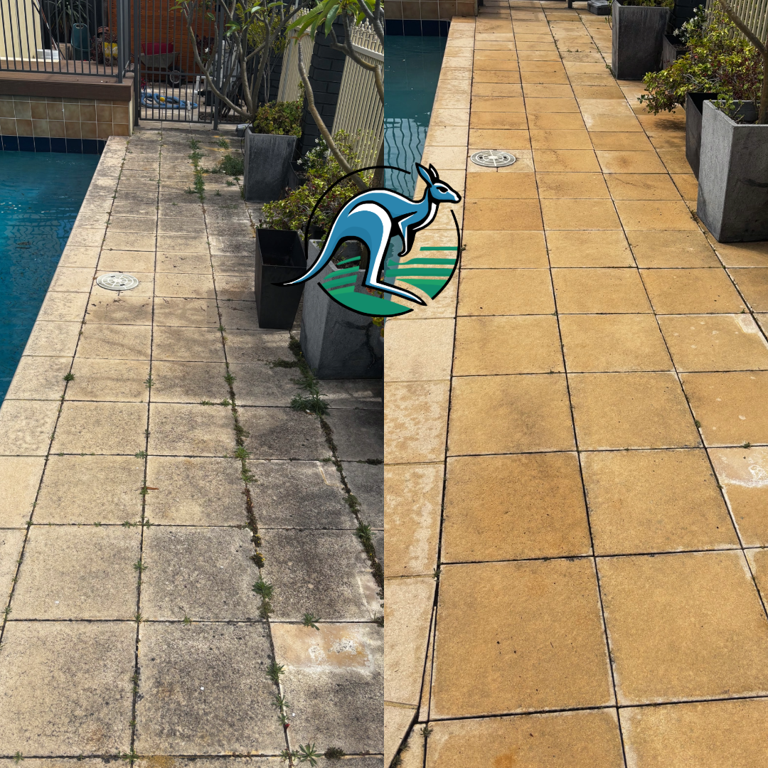Comparison of two outdoor tiled patio areas, before and after cleaning, with a pond on the left and potted plants along the edge.