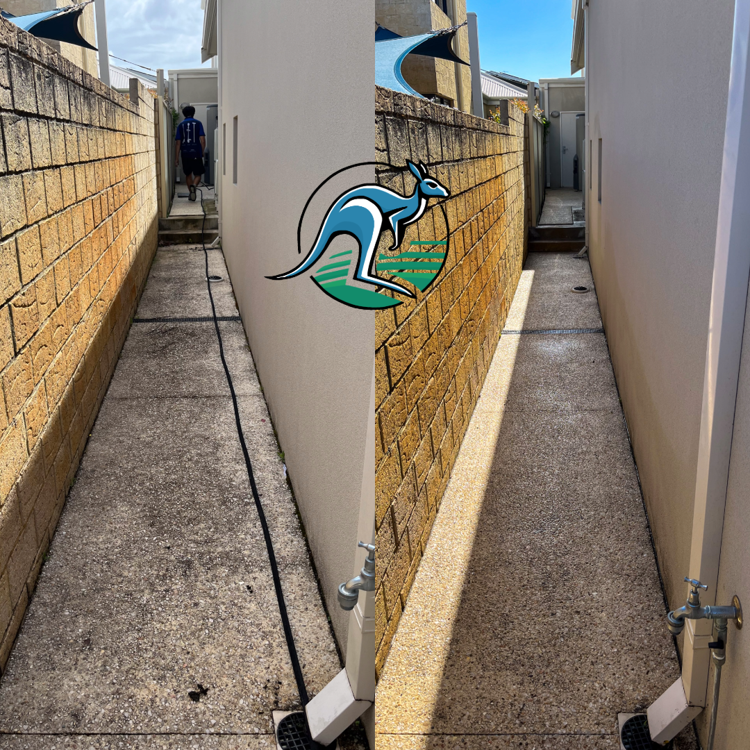 Comparison of a narrow outdoor pathway before and after being cleaned and sealed, with brick walls on both sides and a water faucet at the corner.