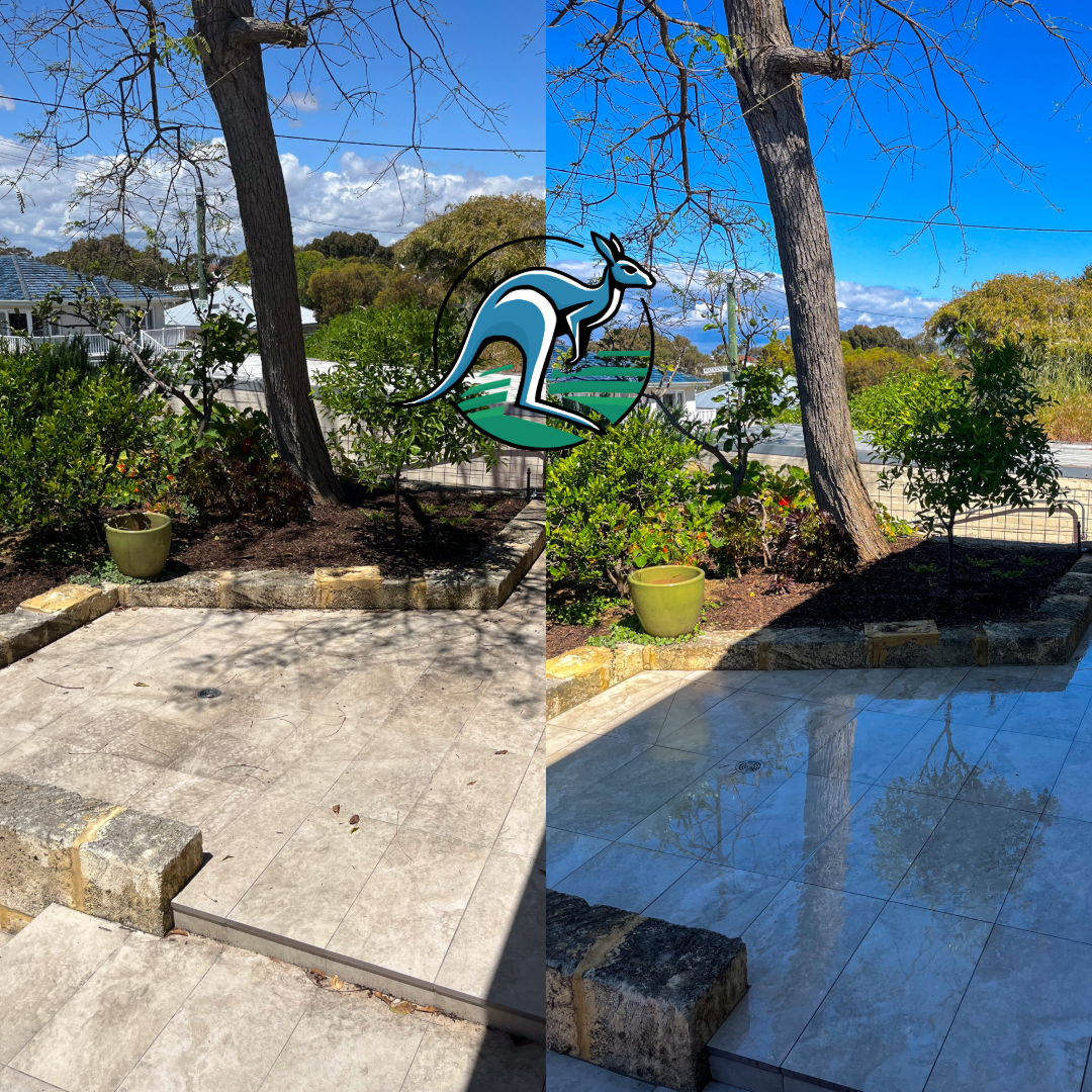 Comparison of a backyard patio before and after cleaning and polishing, showing a dirtier, matte surface on the left and a shiny, clean surface on the right, with a tree and greenery in the background.