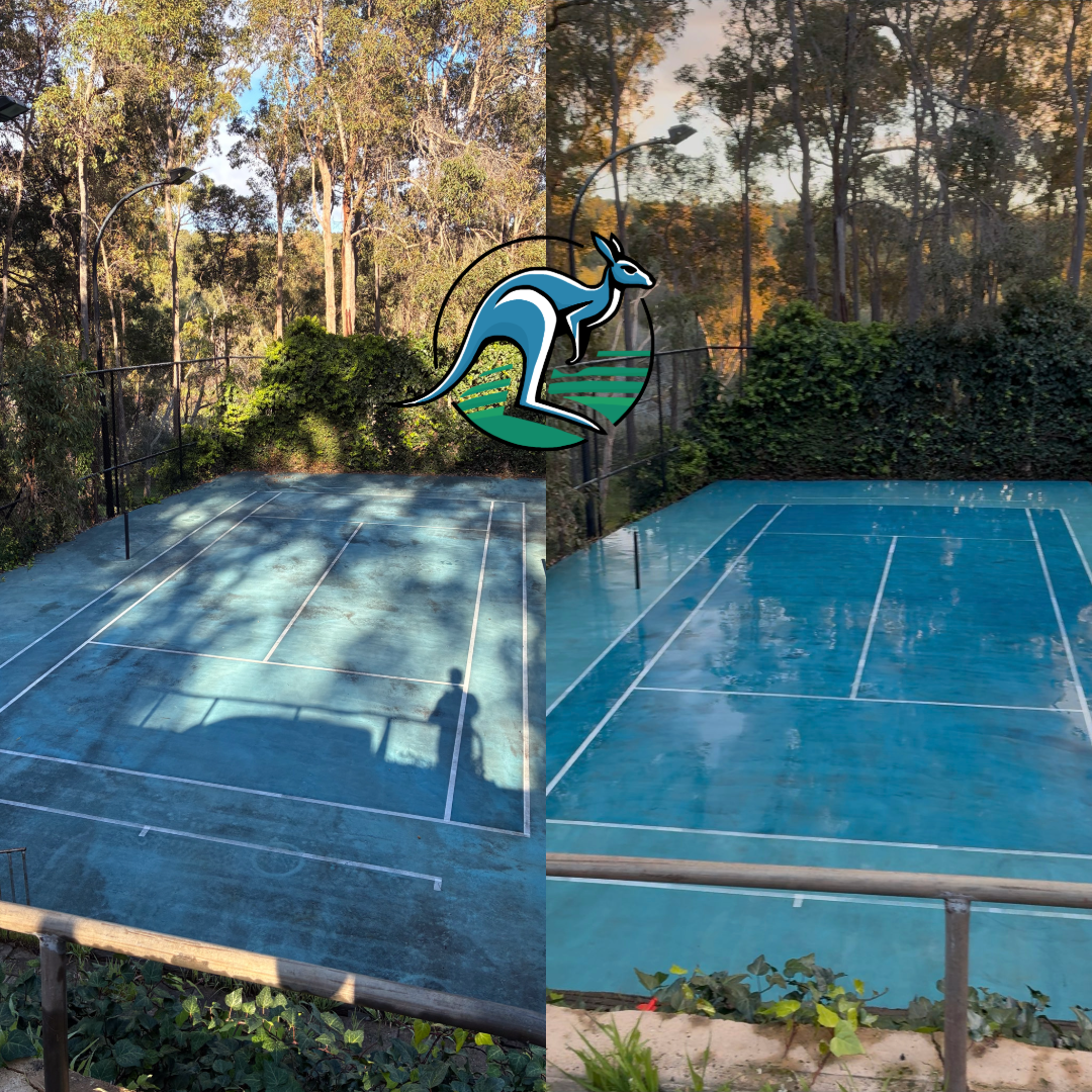 Comparison photo of an outdoor tennis court before and after a cleaning or maintenance, showing the court's surface with updated appearance.