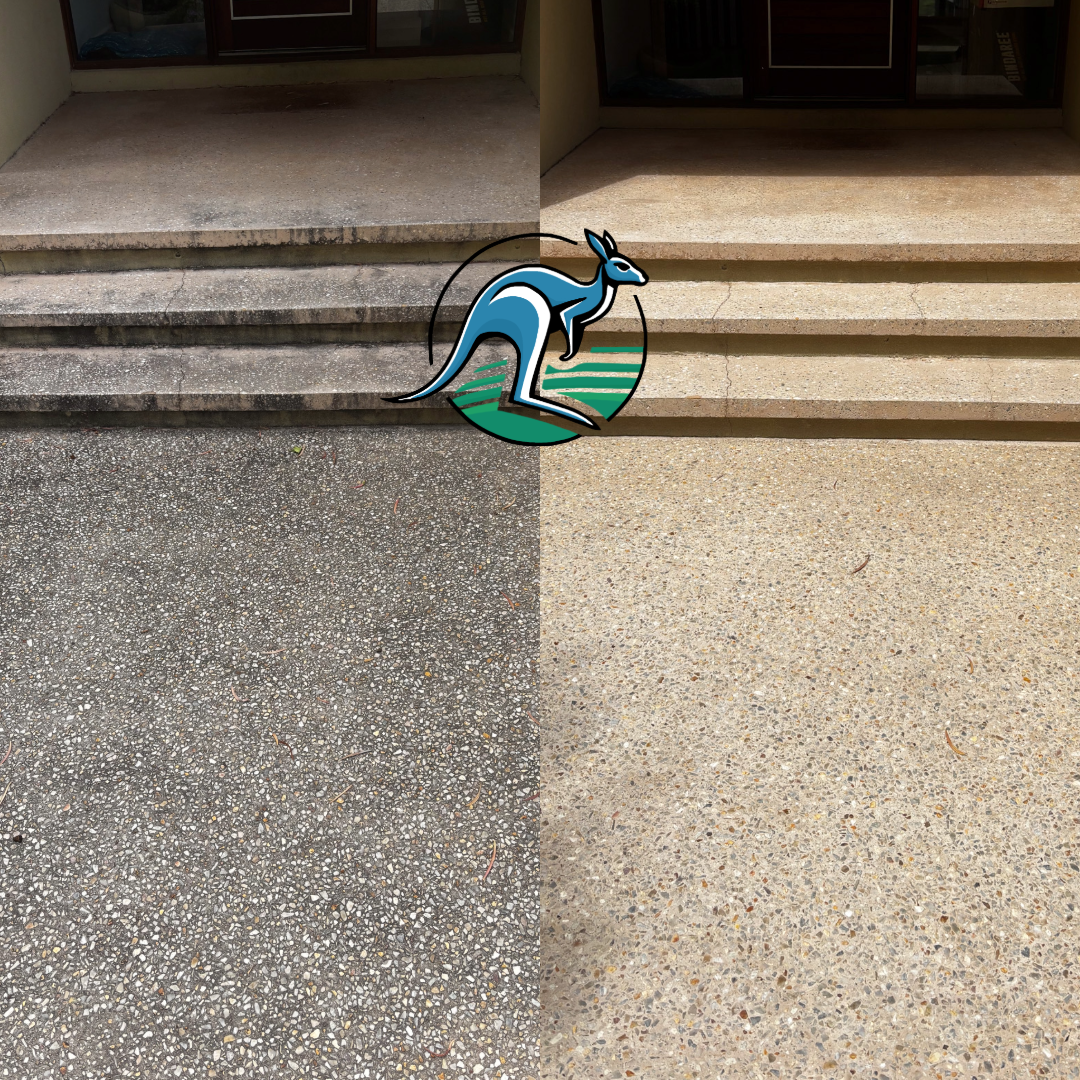 Comparison of different concrete textures on front porch steps and ground, divided vertically, with a kangaroo logo in the center.