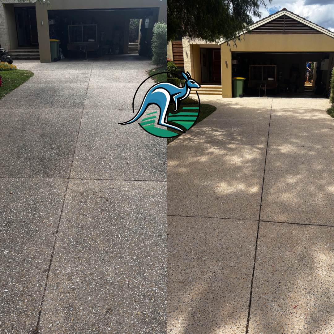 Comparison of two concrete driveways with a logo of a kangaroo in the center, showing different textures and conditions.