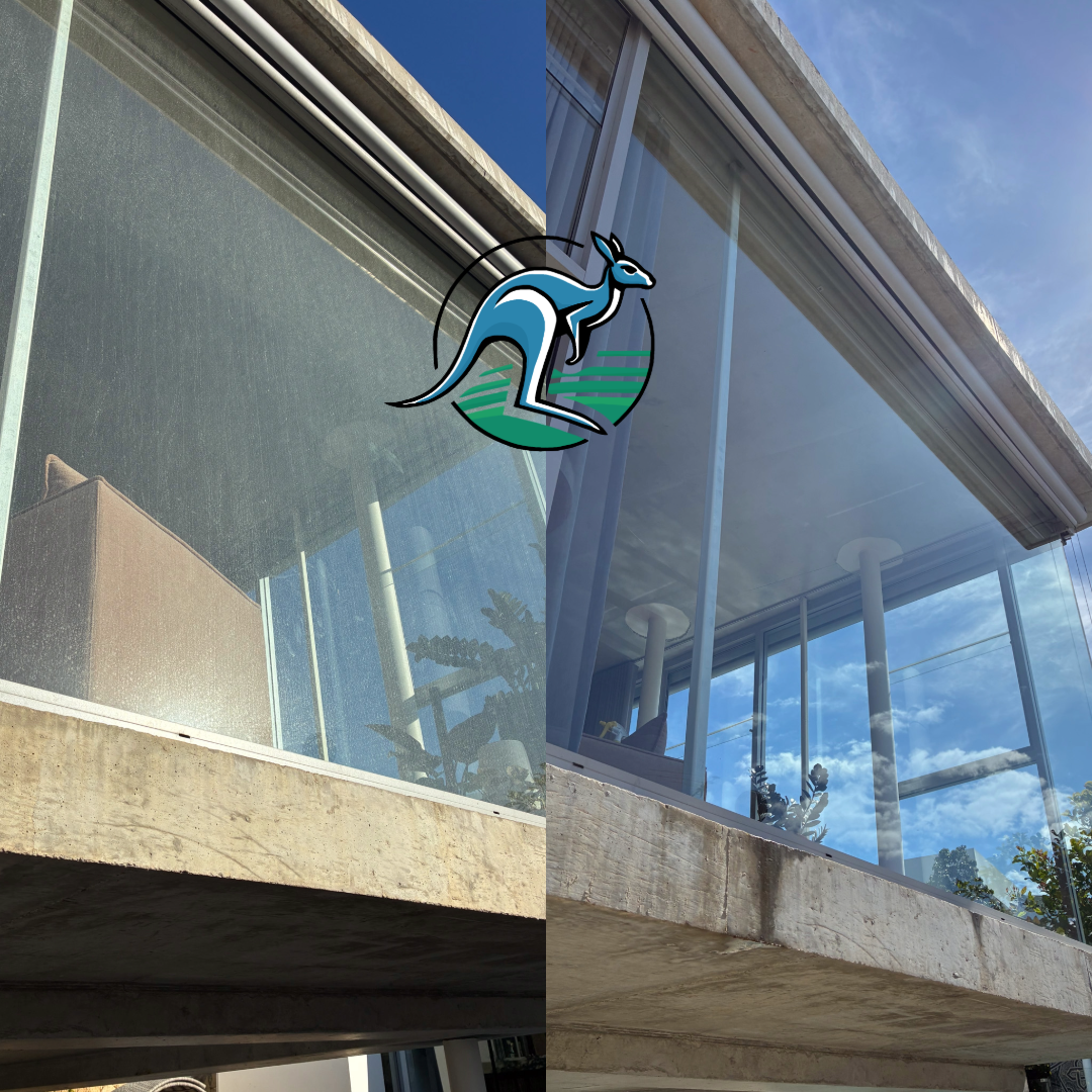 Side-by-side comparison of a building's glass facade: on the left, a cloudy, dusty glass; on the right, a clear, reflective glass showing blue sky and clouds.