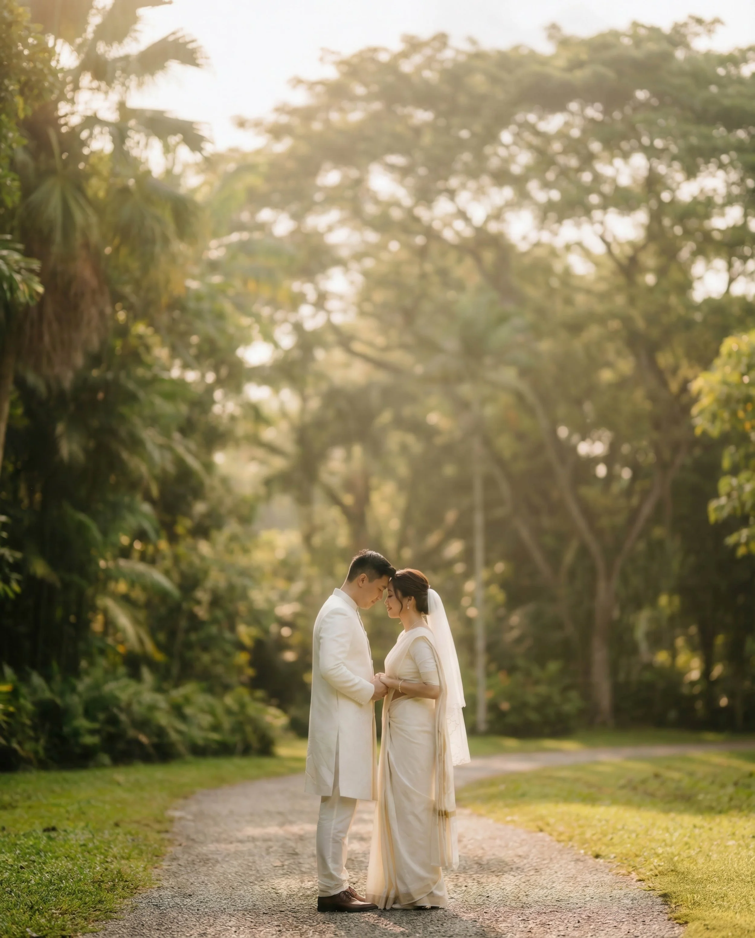 A couple dressed in traditional white wedding attire standing closely together on a path in a park, touching foreheads in a romantic pose with a background of trees and greenery, sunlight filtering through the foliage.