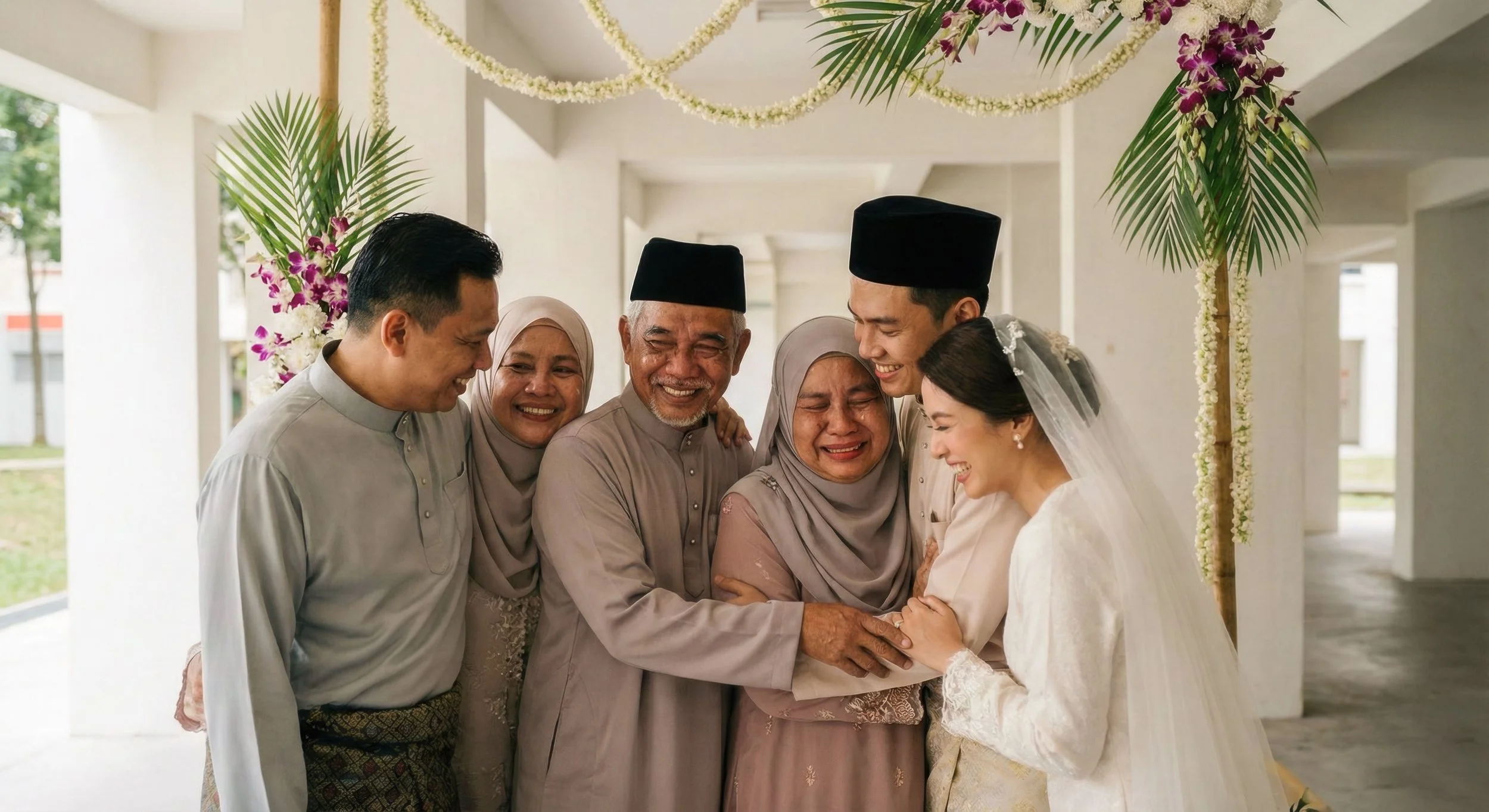 Family members sharing an emotional moment during a wedding, with everyone smiling and embracing, under decorated floral arch.