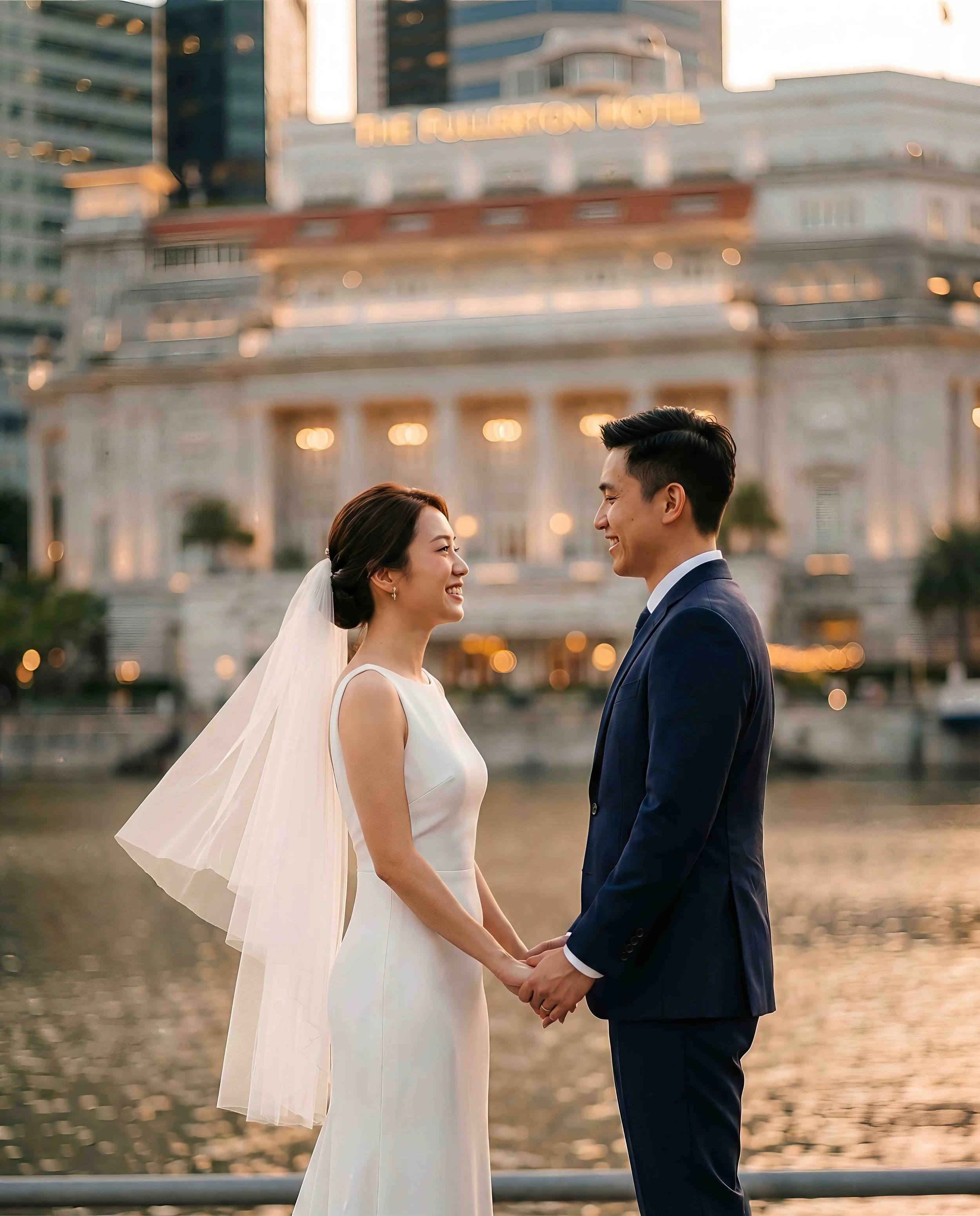 A bride and groom holding hands and smiling at each other near a river at sunset, with a city building in the background.