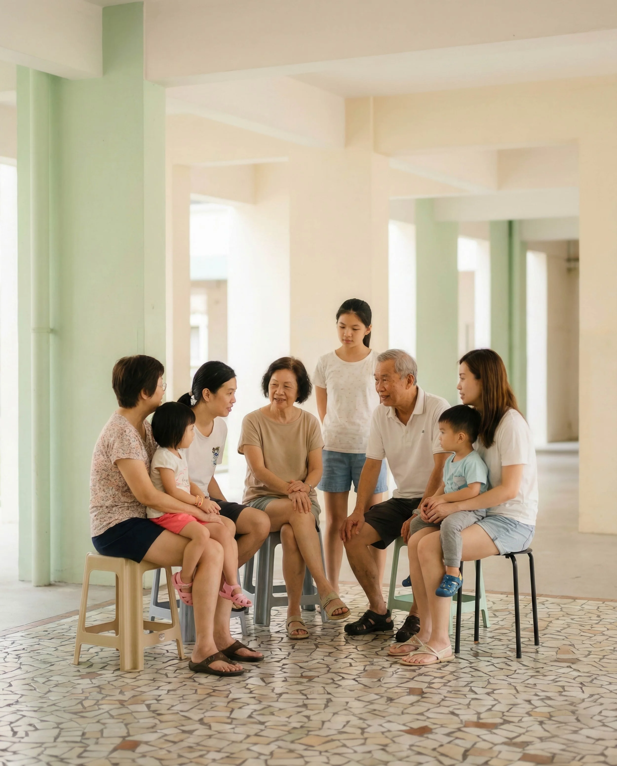 Group of eight family members, including children and elderly, sitting and standing in a brightly lit, airy room having a conversation.