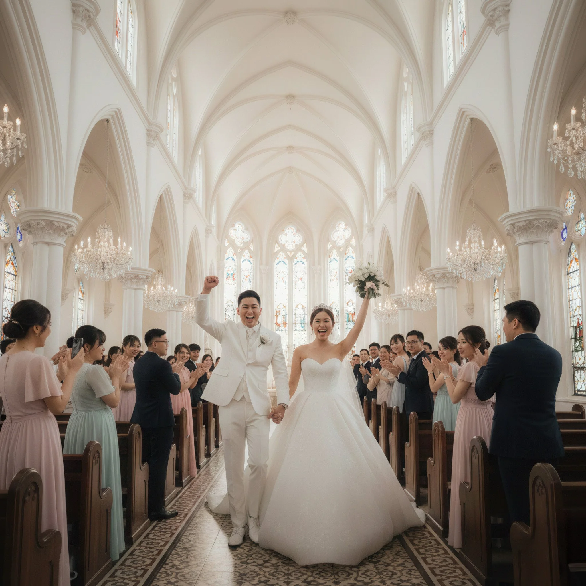 A newlywed couple celebrating their wedding in a church, holding hands and smiling. The bride is raising a bouquet, and the groom has his fist in the air. Guests are clapping and smiling around them.