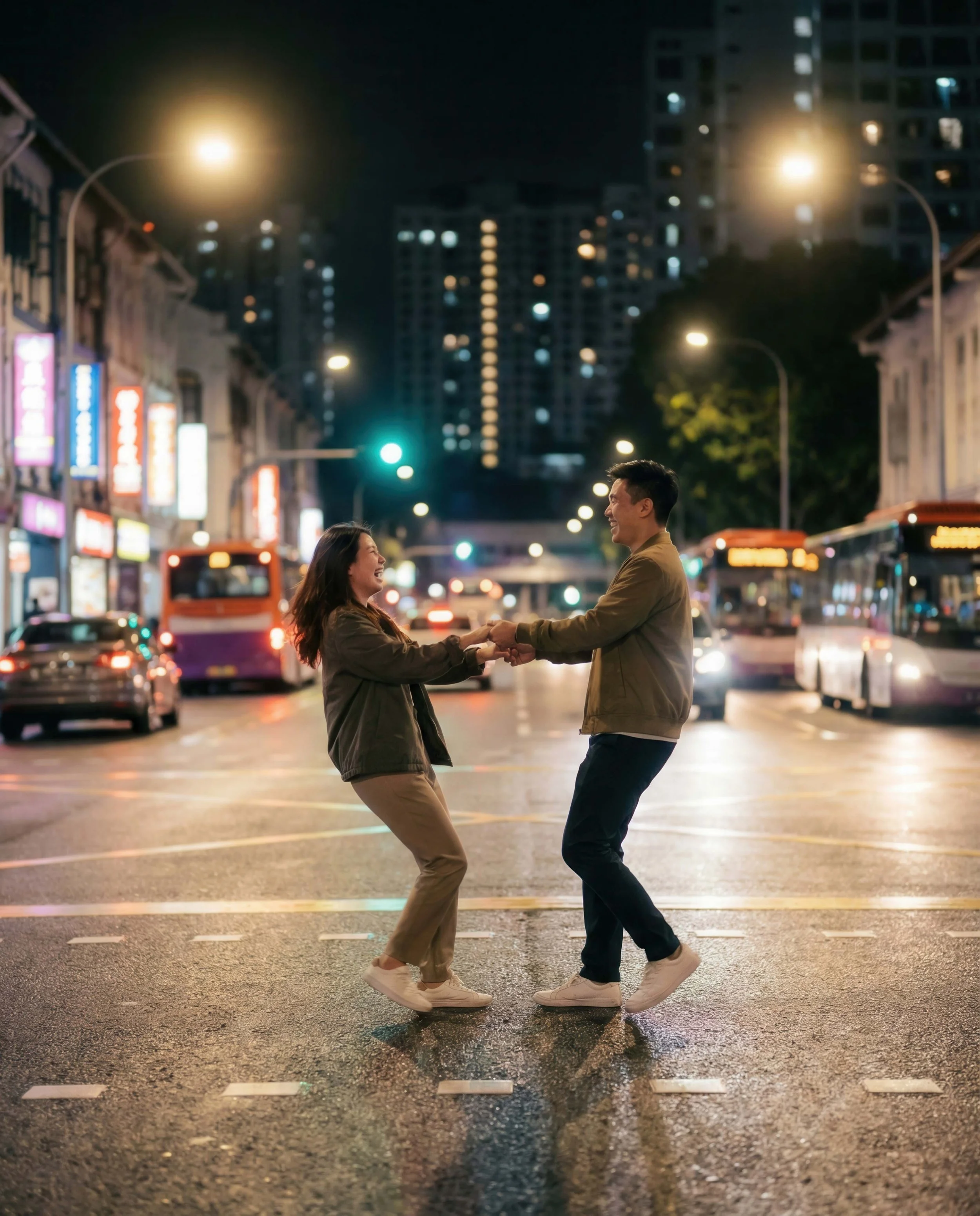 A couple dancing and smiling on a city street at night with cars, buses, and lit storefronts in the background.