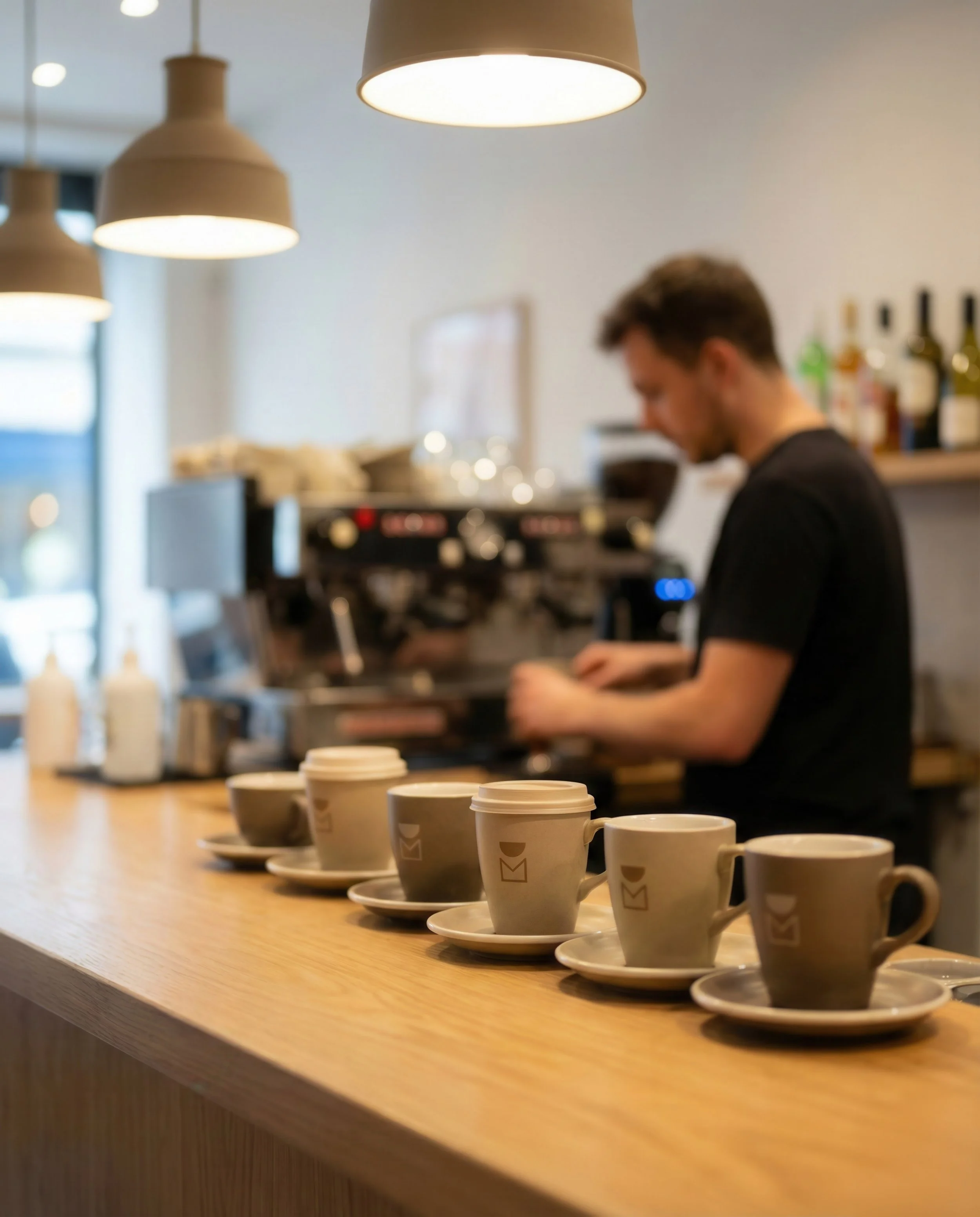 Five coffee cups with sleeves and saucers lined up on a wooden counter in a coffee shop, with a barista preparing coffee in the background.