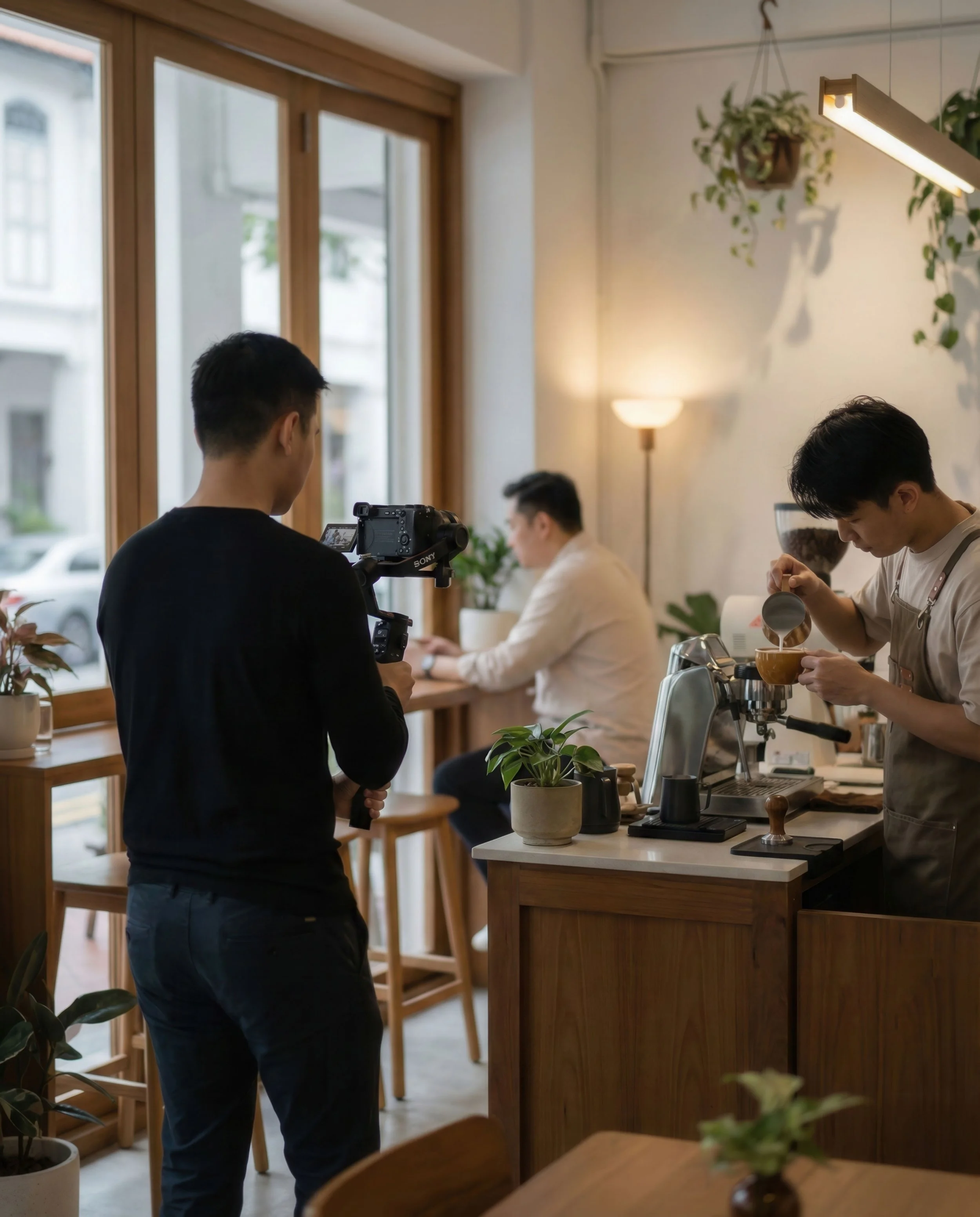 A man with a camera filming inside a cozy cafe while another barista makes coffee; a seated customer is working on a laptop near a window with wooden frames and plants.
