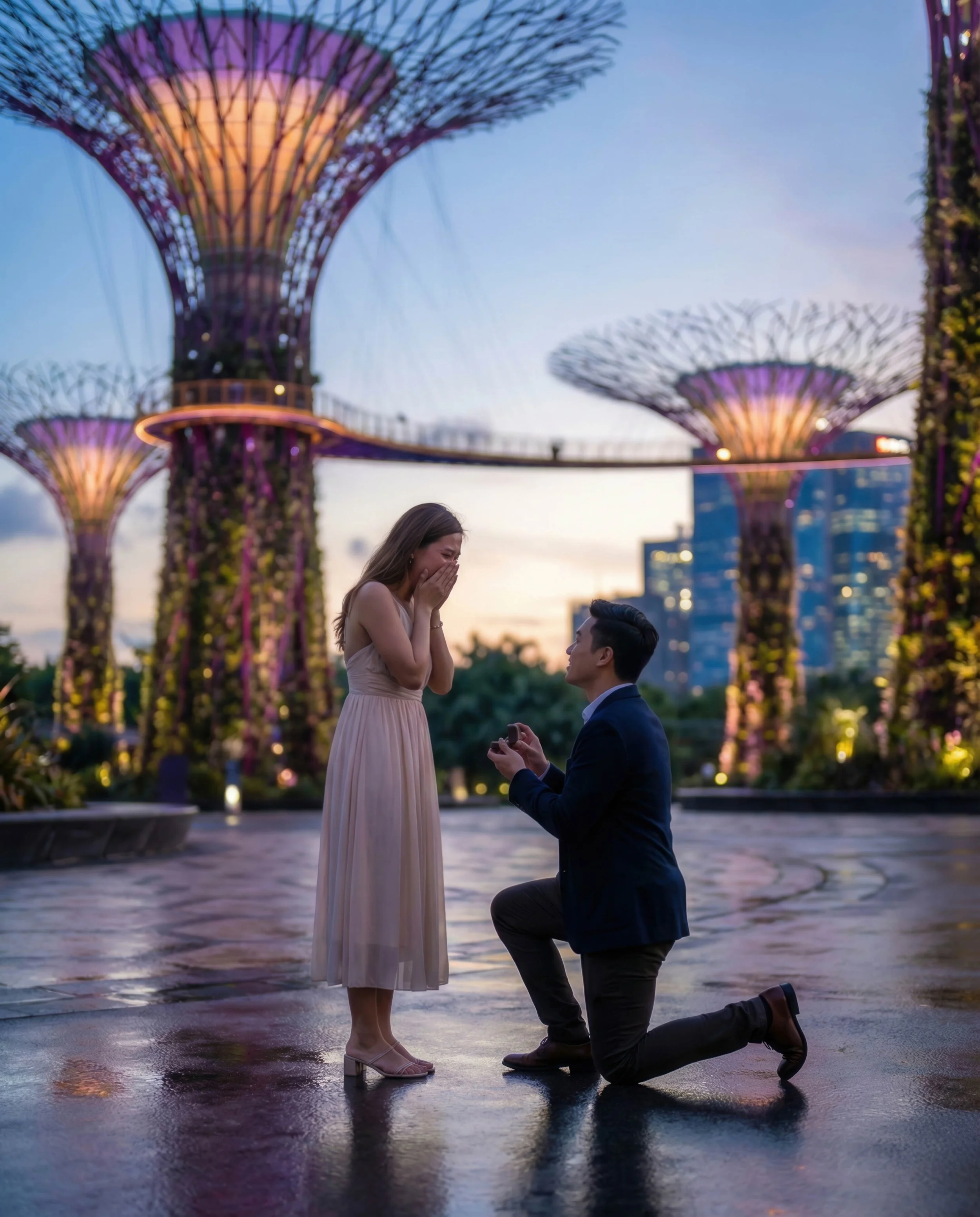 A man proposes marriage to a woman in front of the Gardens by the Bay in Singapore during sunset. The woman appears surprised and happy, covering her mouth with her hands, while the man kneels holding a ring box. The background features illuminated Supertree Grove structures and the city skyline.