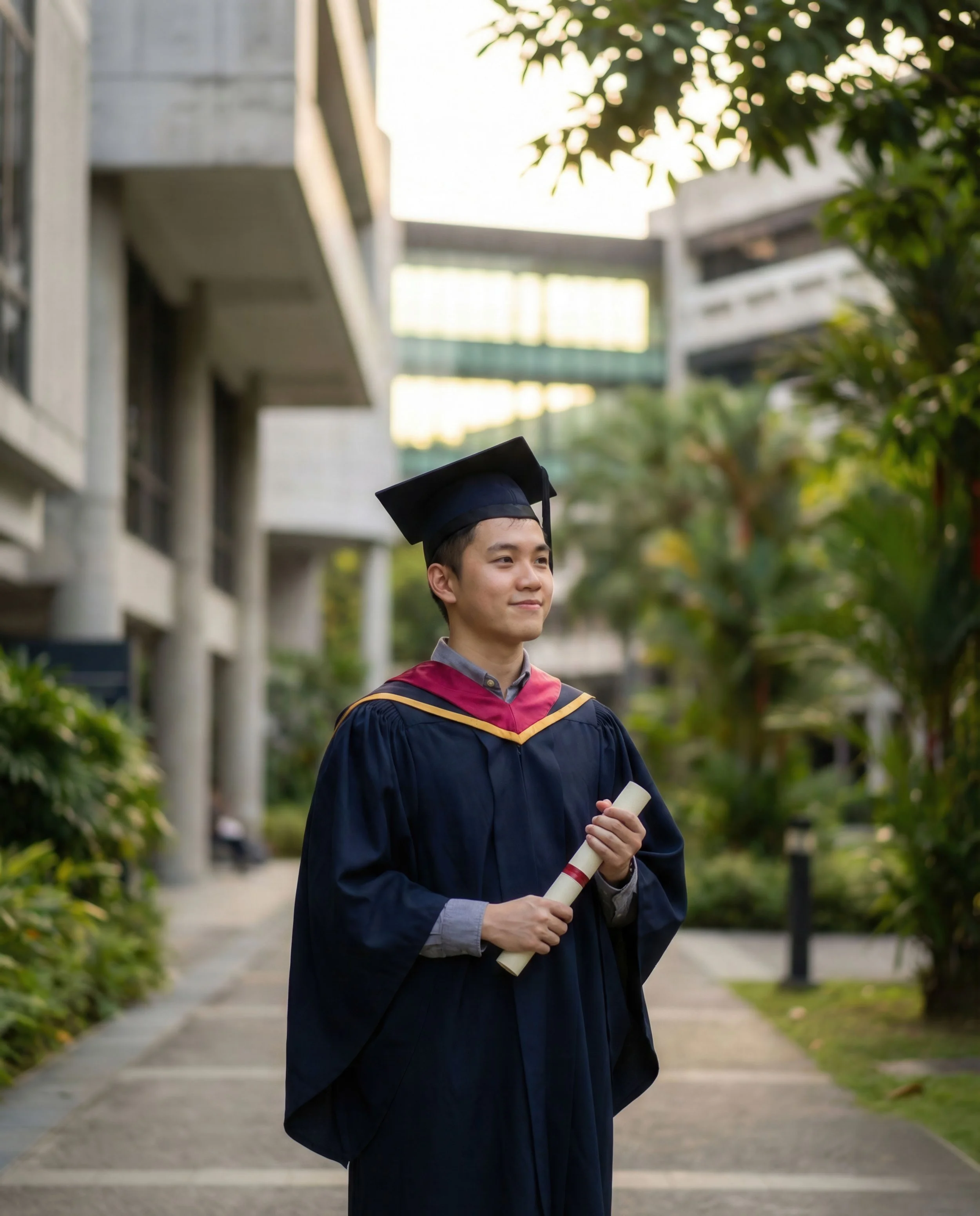 A young man in a graduation gown and cap holding a diploma, standing outdoors on a pathway surrounded by bushes and trees.