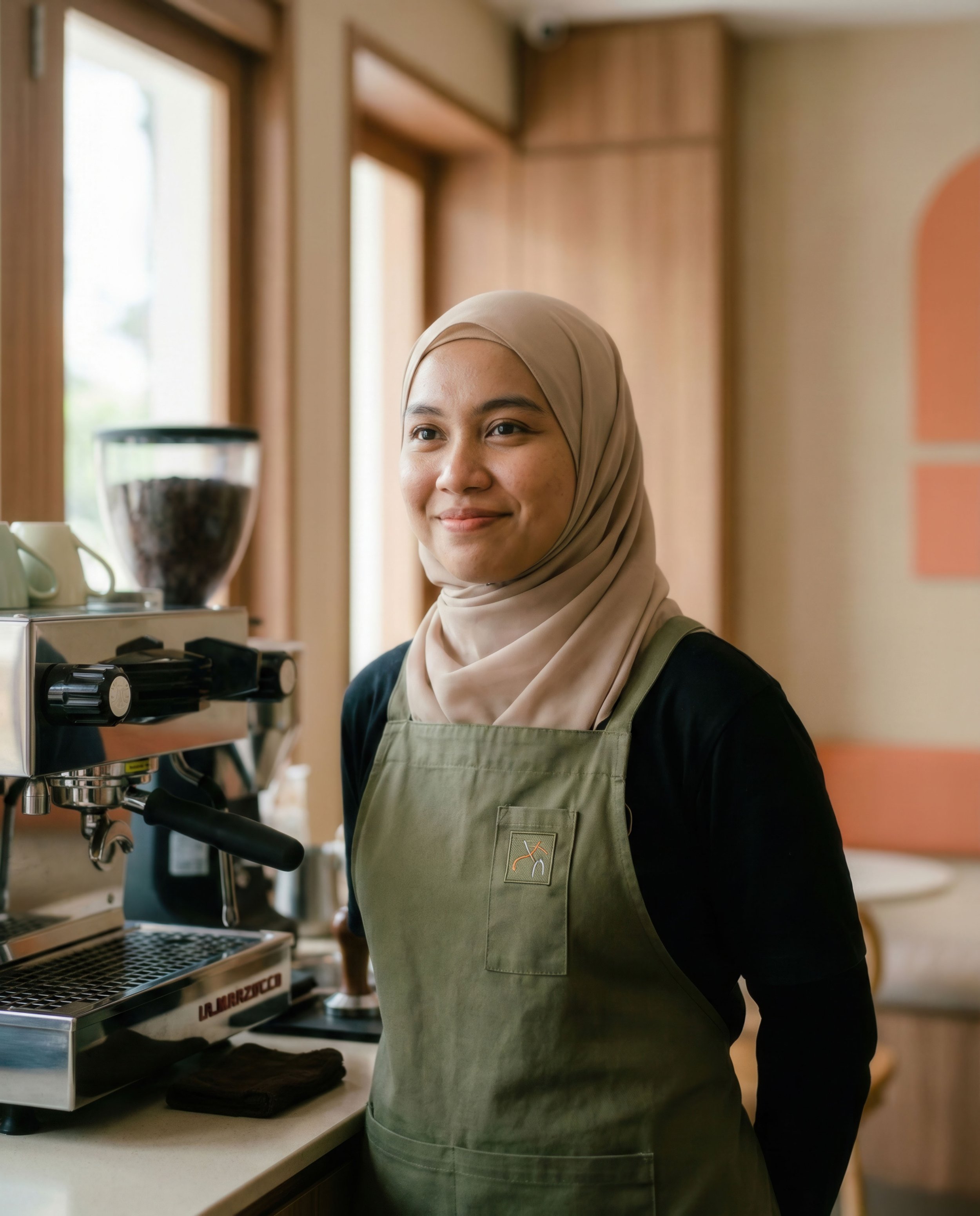 A woman wearing a beige hijab and green apron stands behind a coffee machine in a cozy cafe, smiling softly.