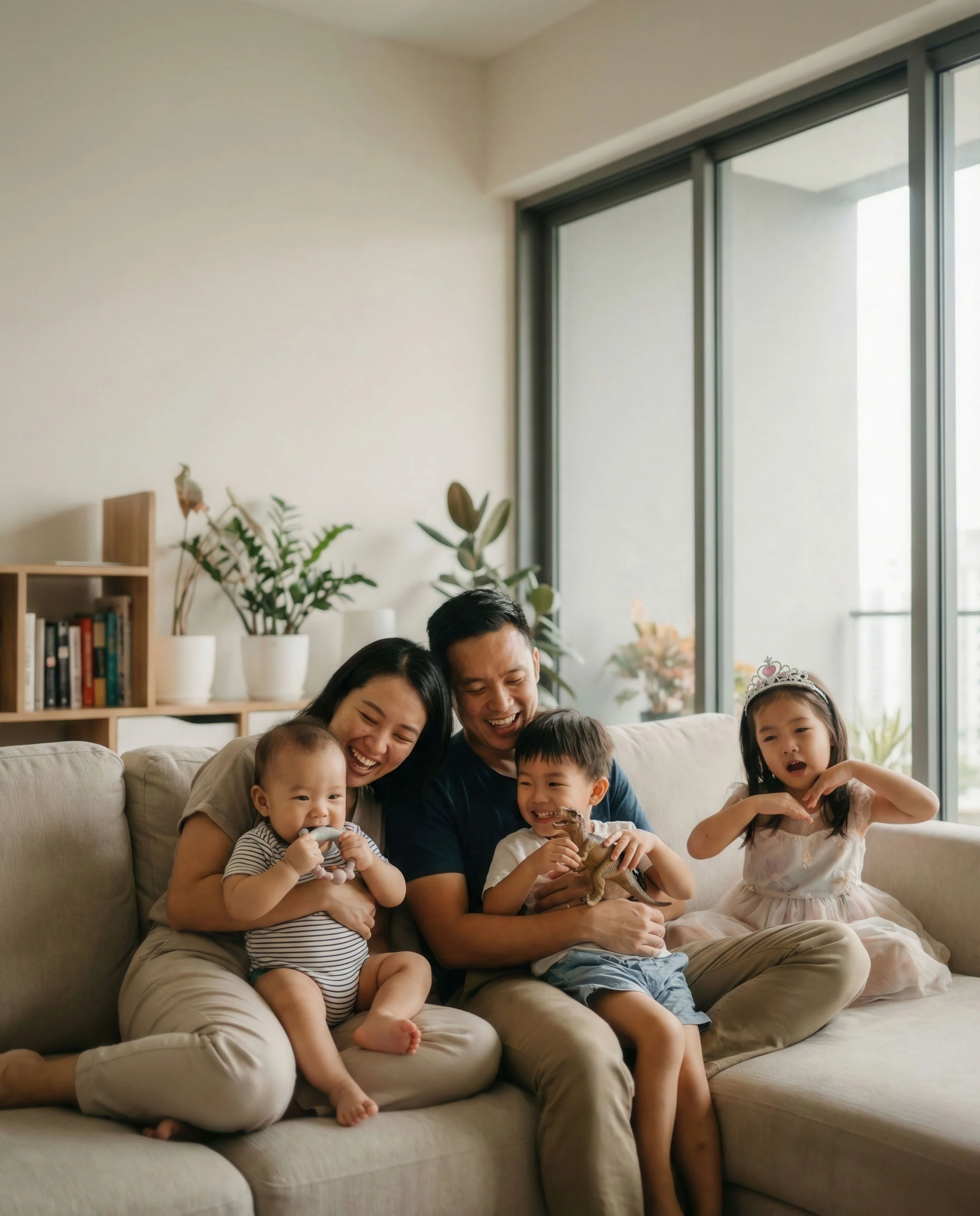 A family of five, including two young children, sitting on a beige sofa in a bright living room, playing and laughing.