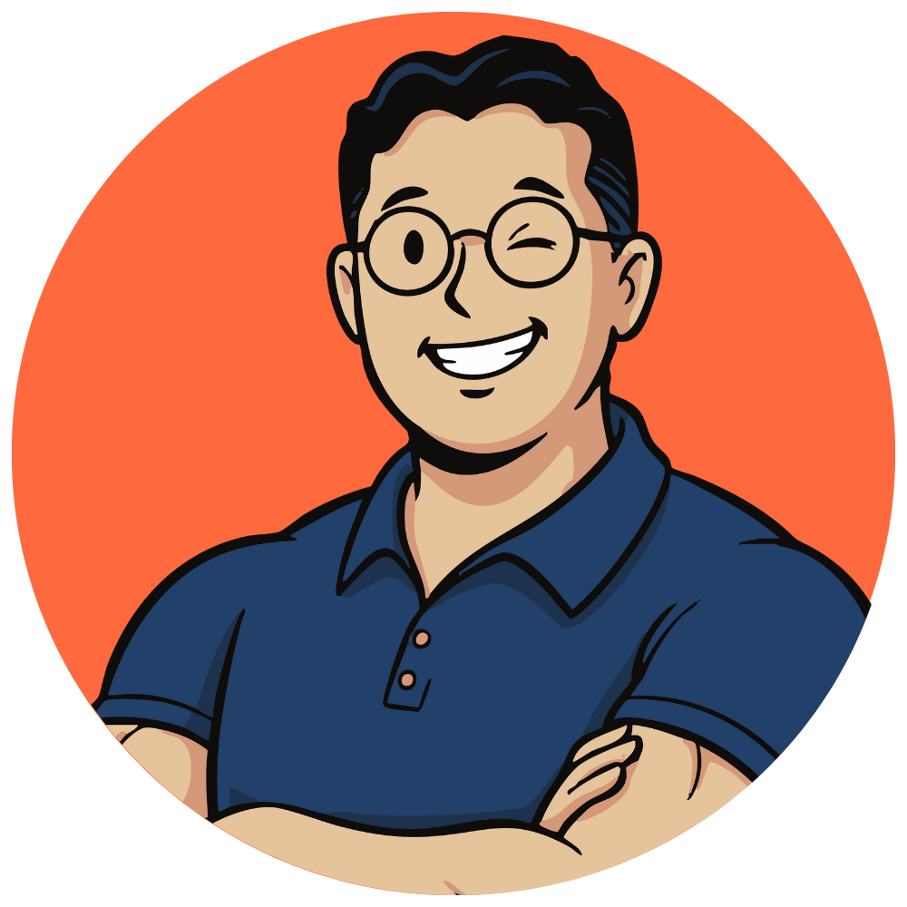 Cartoon illustration of a man with short black hair, glasses, wearing a dark blue polo shirt, smiling and winking with arms crossed against an orange background.