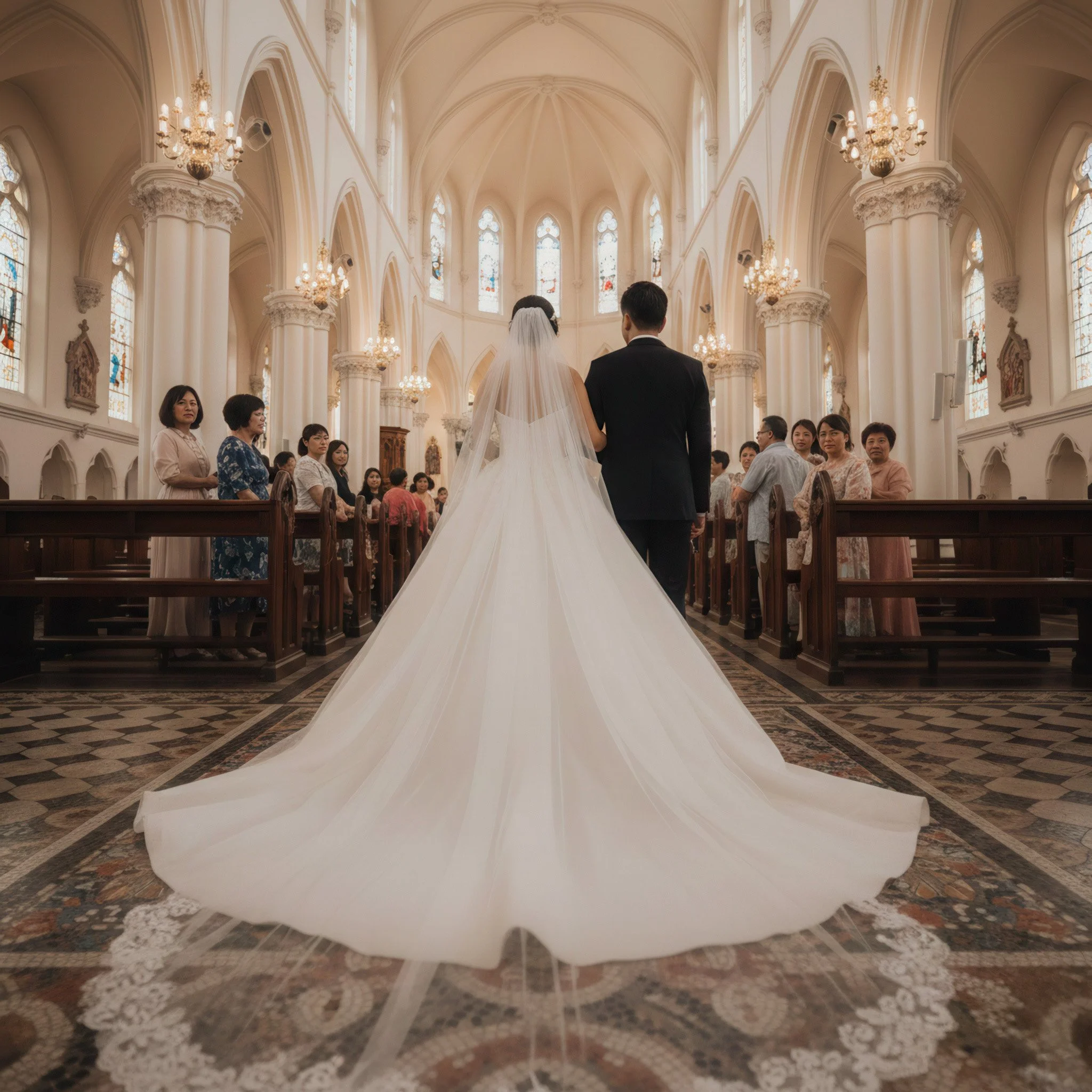 A bride and groom walking down the aisle in a church during their wedding ceremony, with guests seated on both sides.