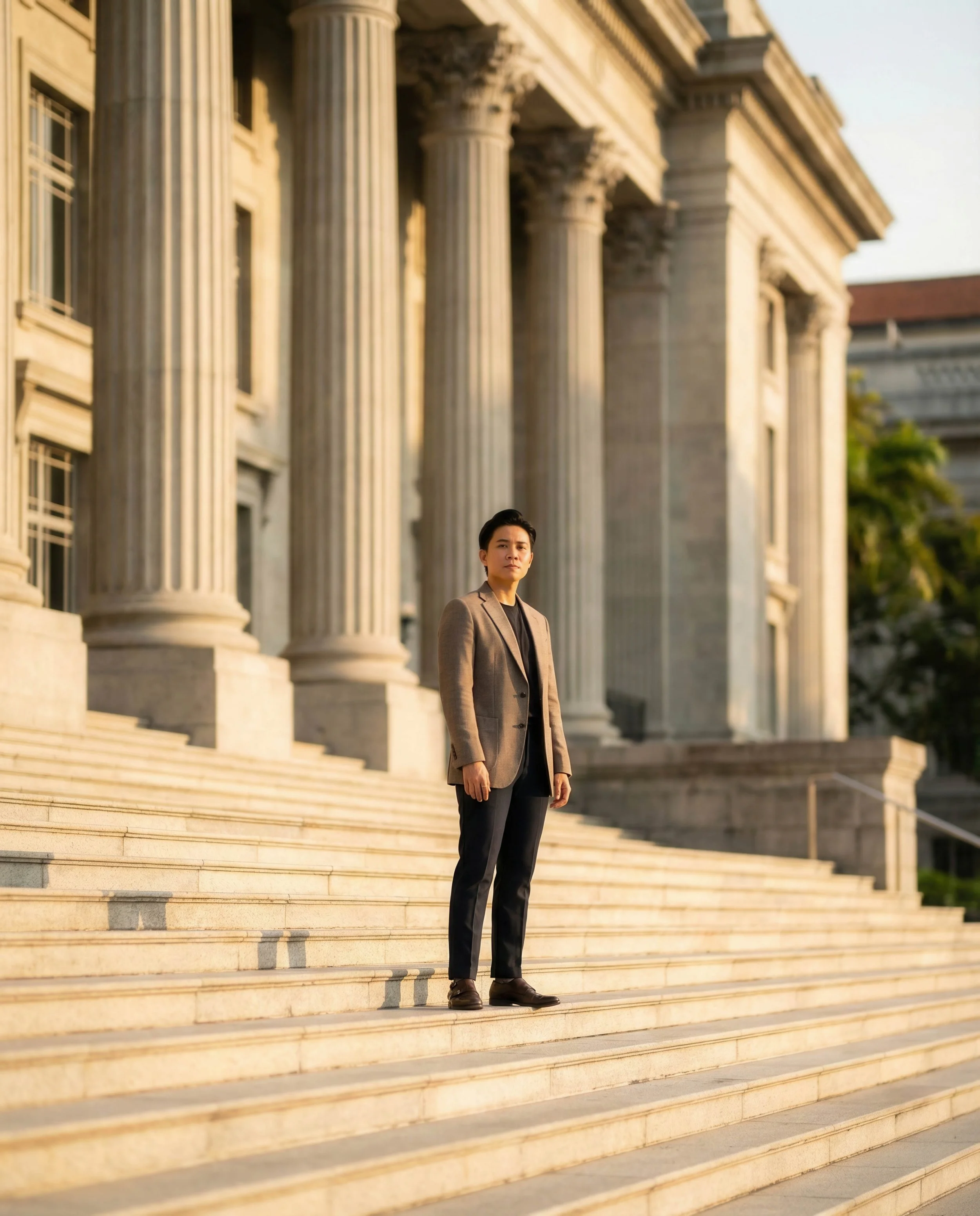 A person in a blazer and dress pants standing on the steps of a historic building with large columns.