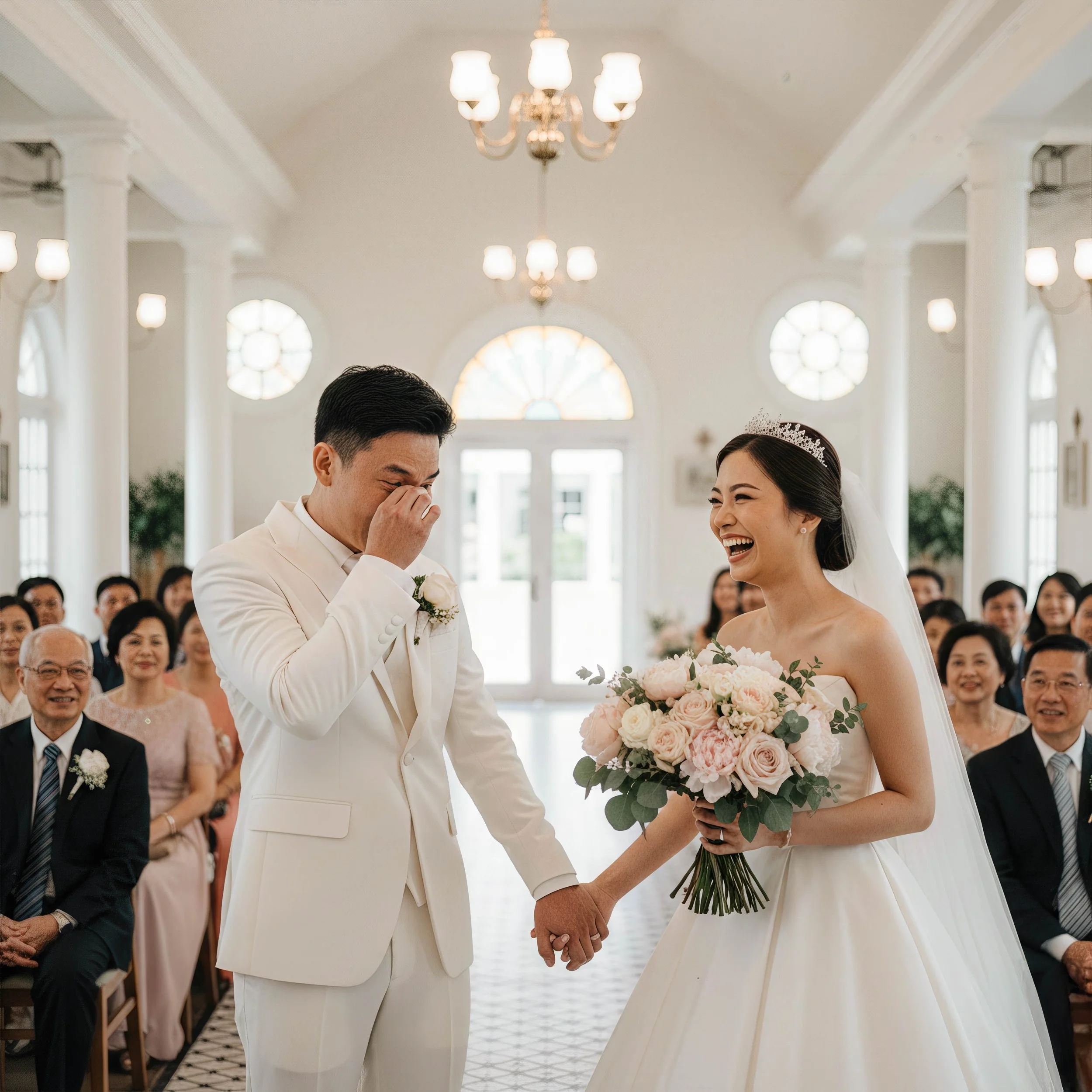 Bride and groom holding hands during wedding ceremony in church; bride in white wedding dress and veil, holding a bouquet; groom in white suit with pink boutonniere; guests seated in pews, smiling.