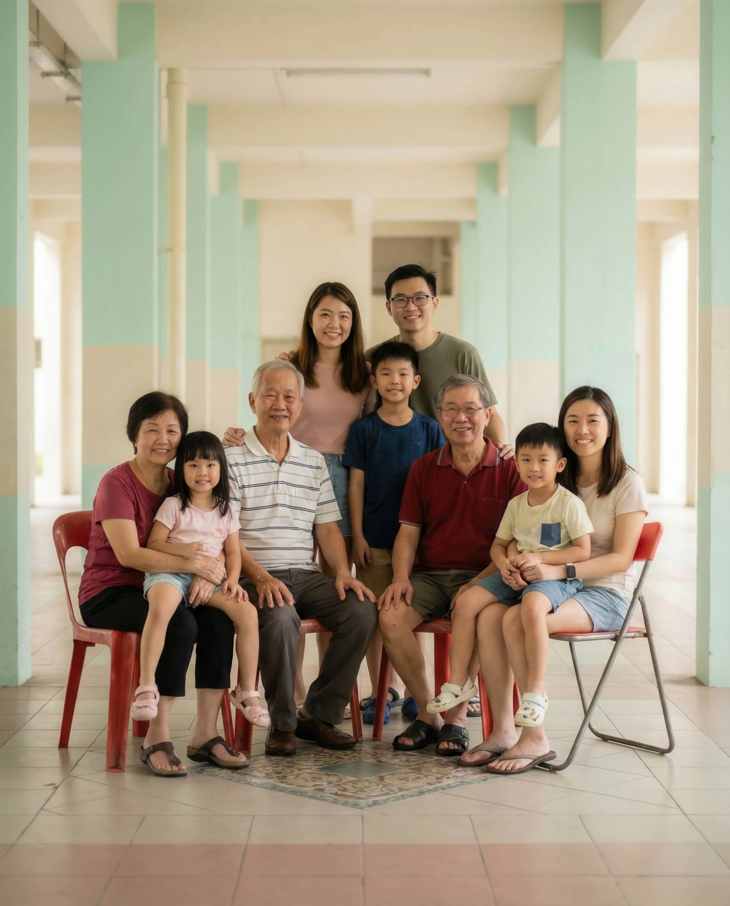Multigenerational Asian family portrait in a spacious, well-lit hall, with three elderly, three adults, and three children sitting and standing together, smiling.