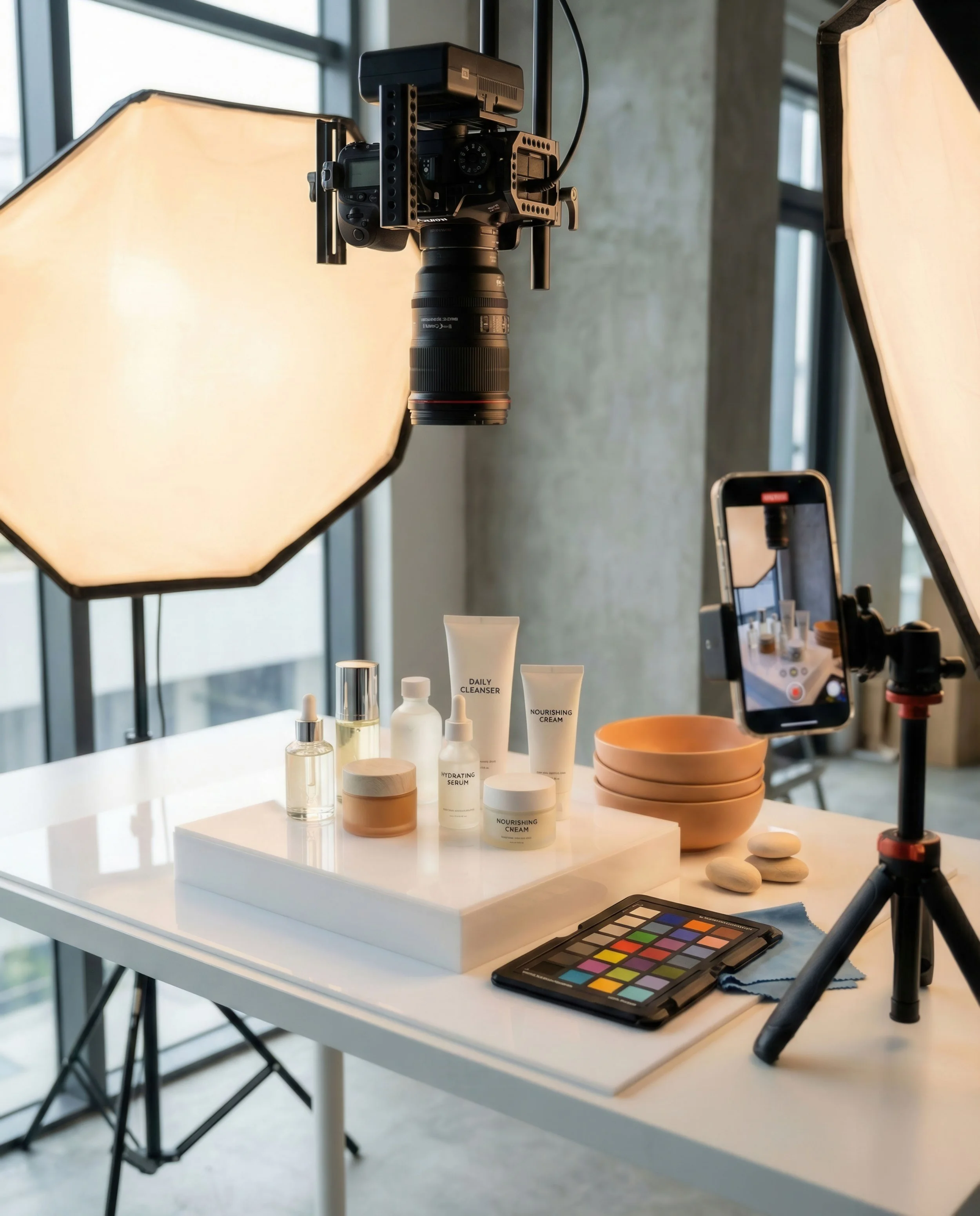 Photography studio setup with professional camera, two softbox lights, smartphone on tripod, skincare products, color palette, and bowls on a white table.