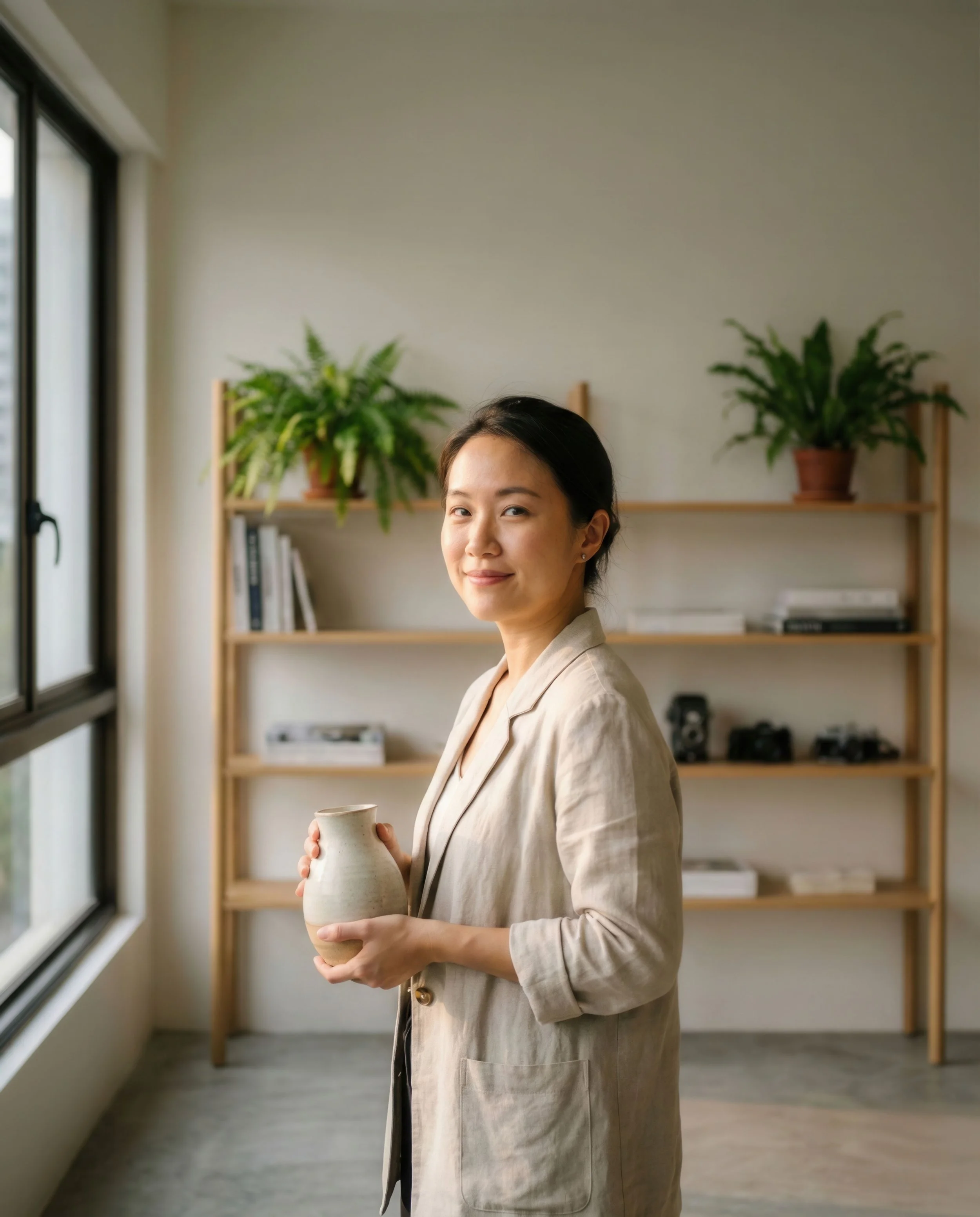A woman standing in a bright room holding a beige ceramic vase, with a wooden bookshelf and potted plants in the background.