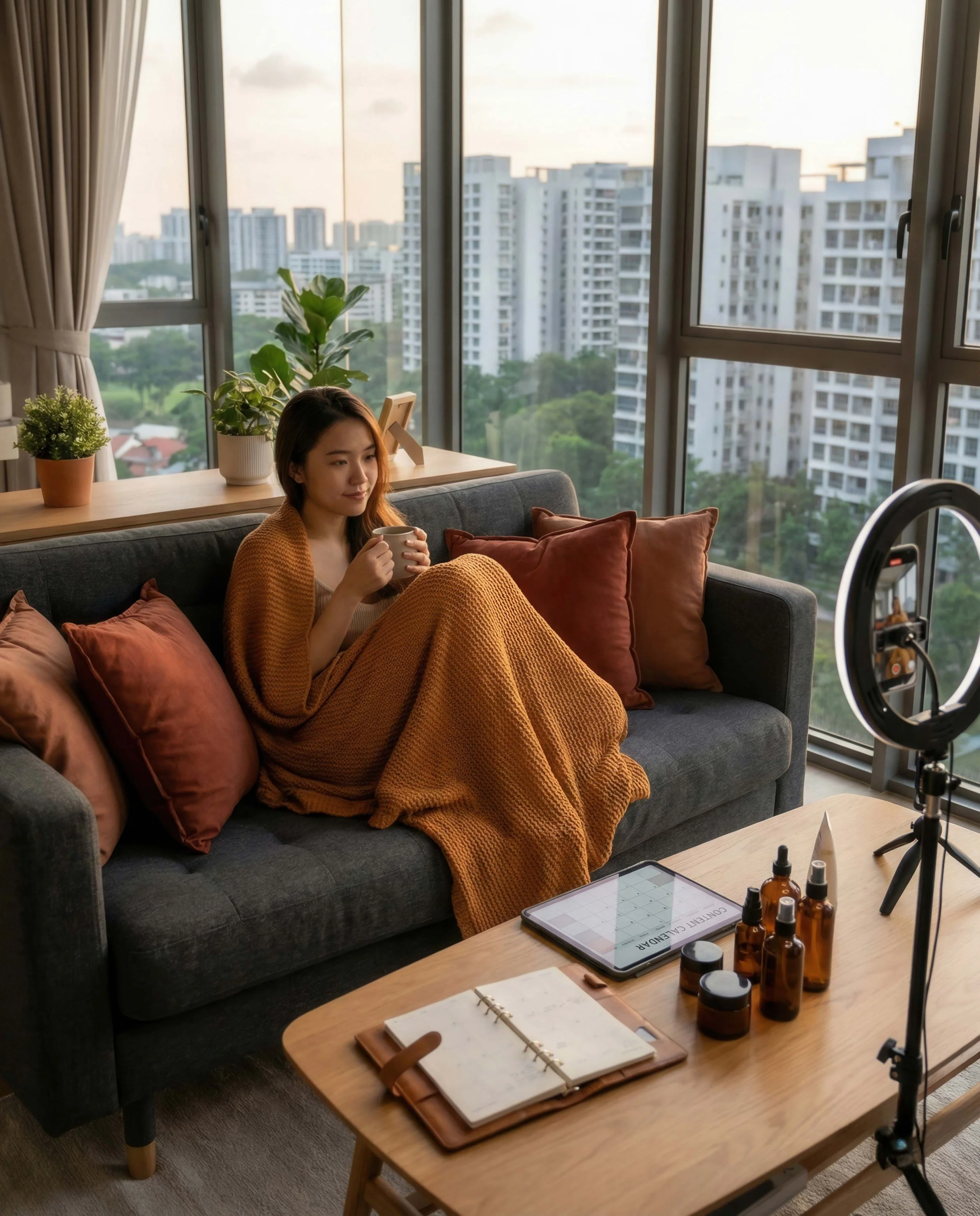 A young woman sitting on a dark gray sofa with rust-colored pillows, wrapped in a rust-colored blanket, holding a mug. She is in a room with large windows showing a cityscape with high-rise buildings and trees. A ring light and an open planner or notebook are on the wooden table in front of her, along with small bottles and a tablet.