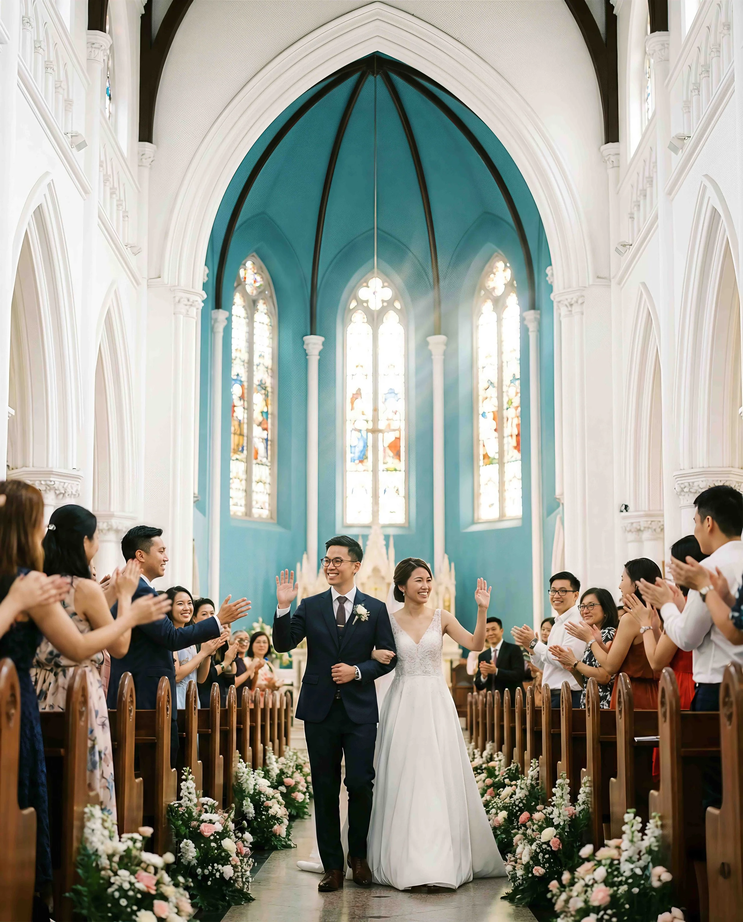 A bride and groom walking down the aisle after their wedding ceremony inside a church, surrounded by smiling guests clapping and celebrating.