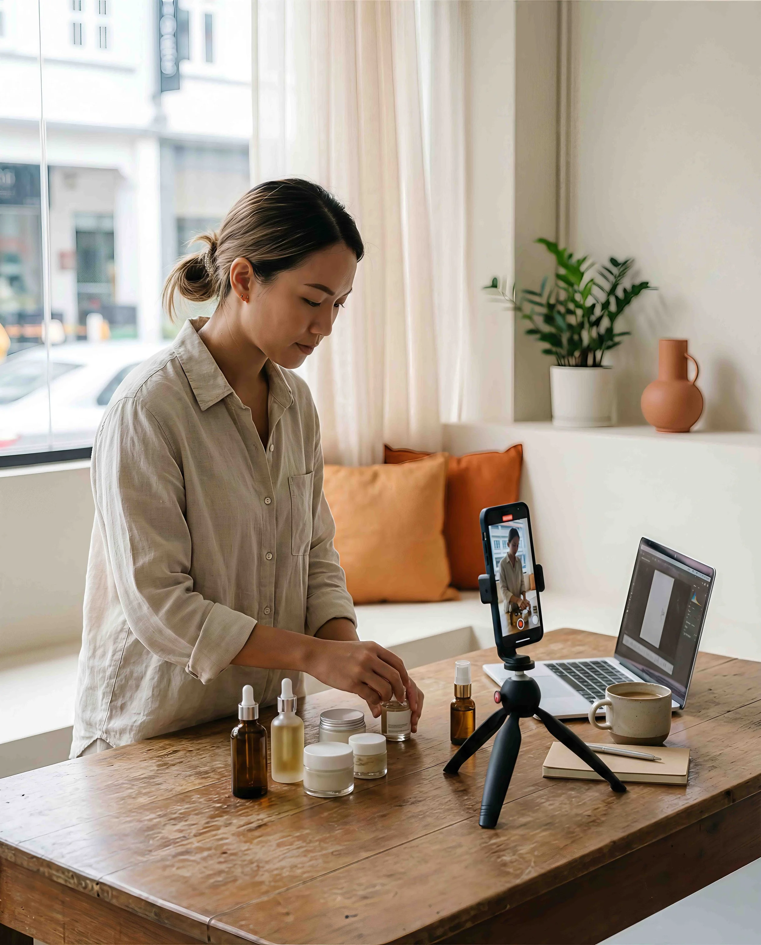 Woman recording beauty products on a wooden table with smartphone camera, laptop, and notebook in a bright room with beige curtains.