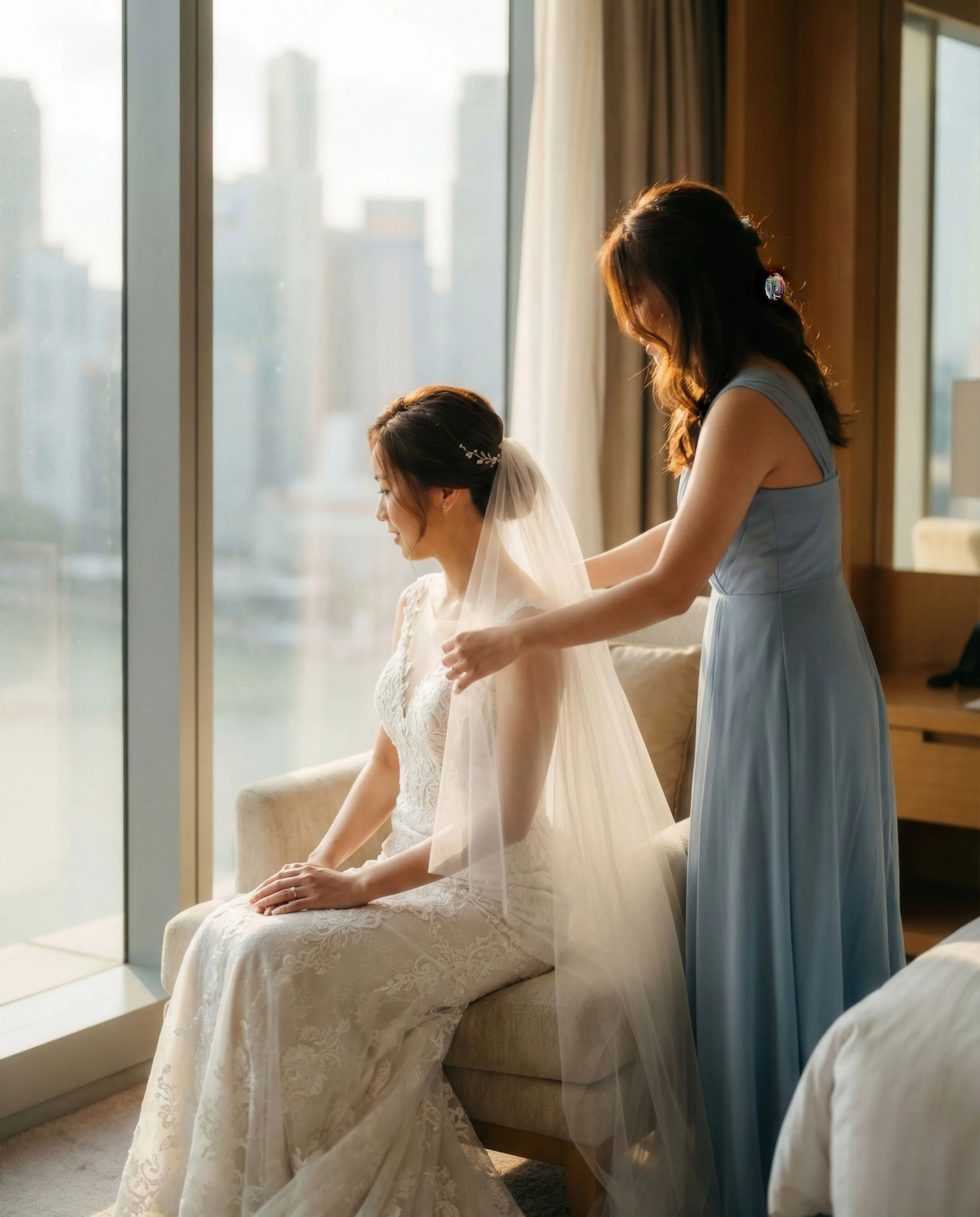 A bride in a lace wedding dress sitting on a beige sofa, getting her veil adjusted by a woman in a light blue dress, in front of a large window with a cityscape view.