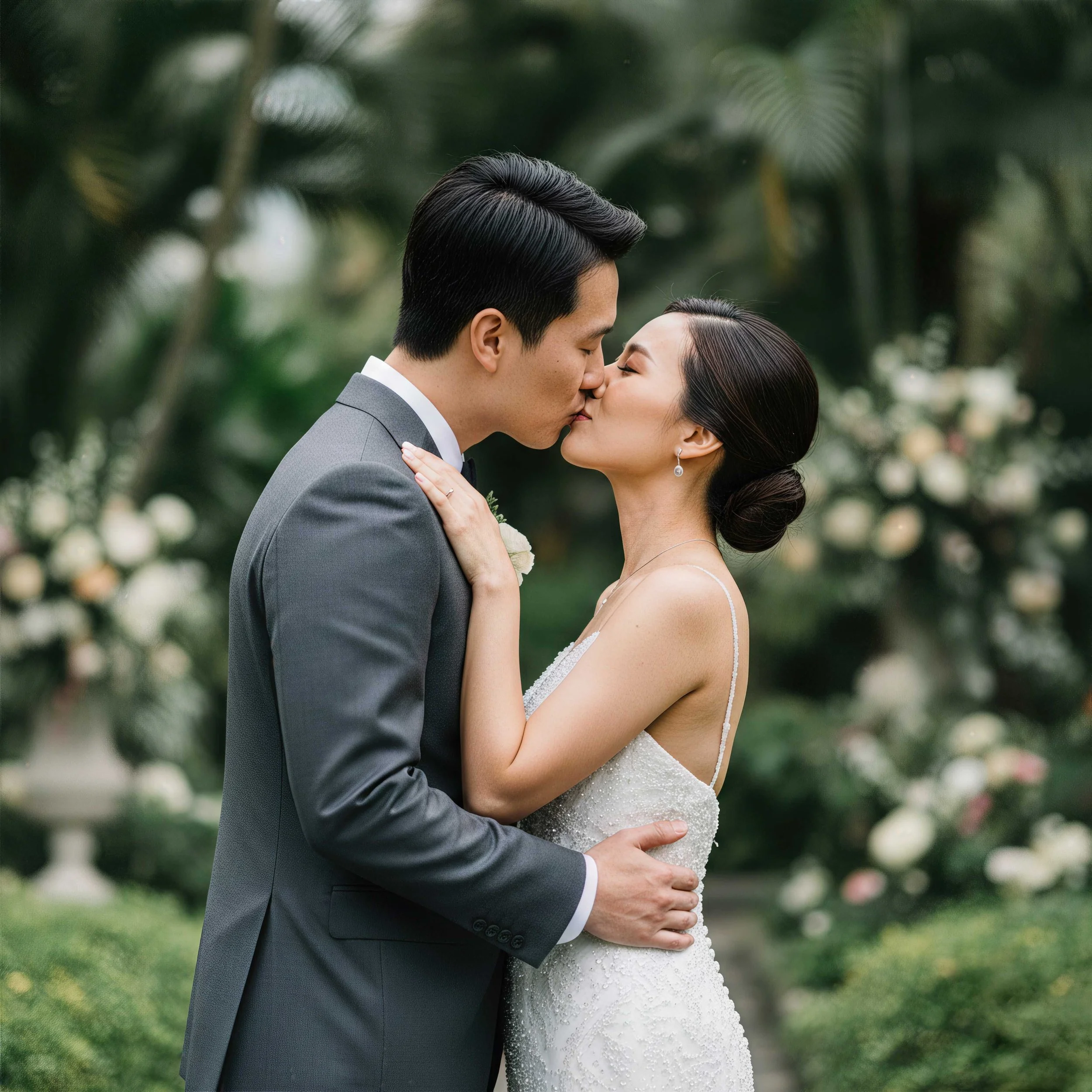 A newlywed couple sharing a kiss outdoors, surrounded by greenery and flowers.