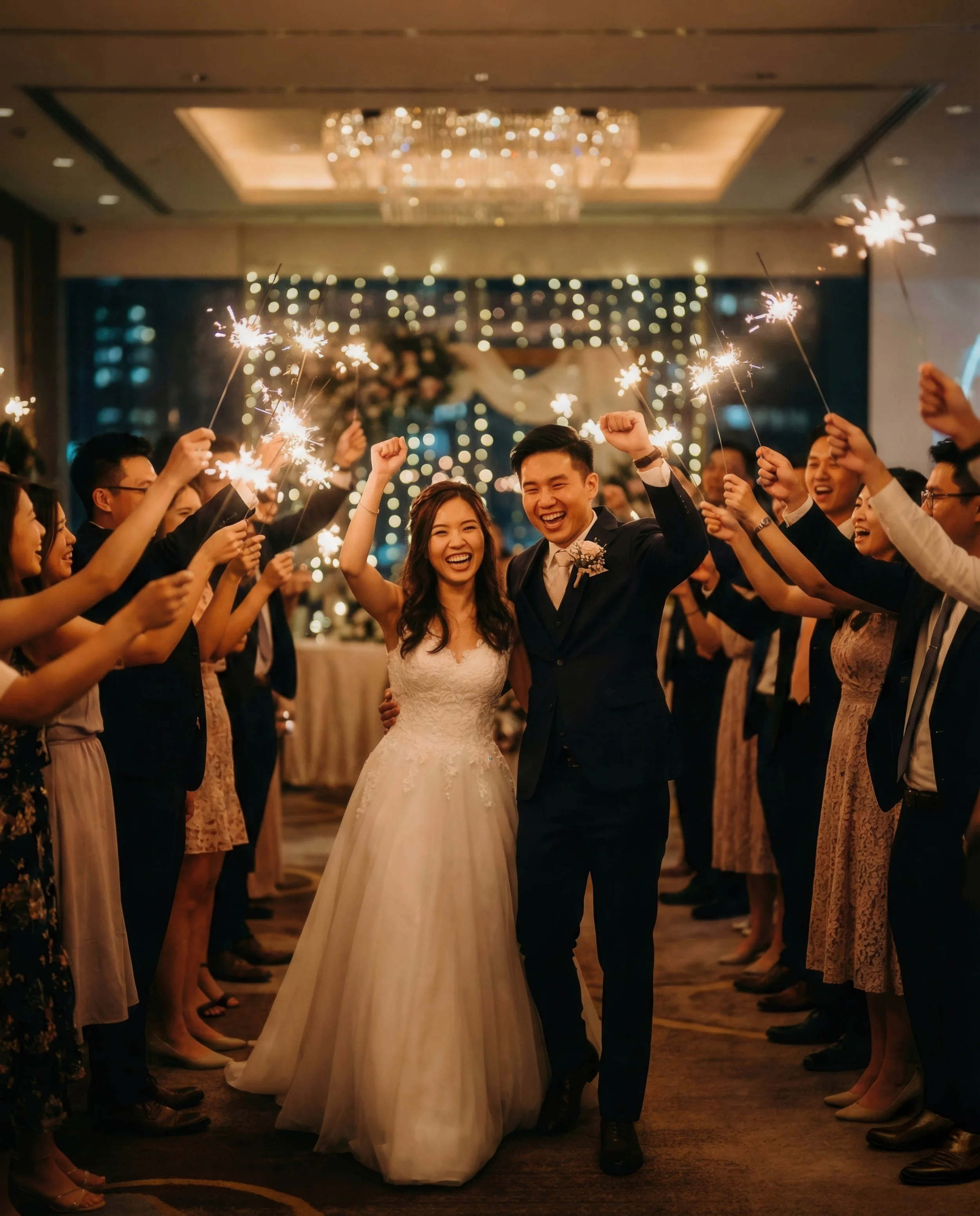 A happy bride and groom walking down a aisle surrounded by friends and family holding sparklers during a wedding celebration.