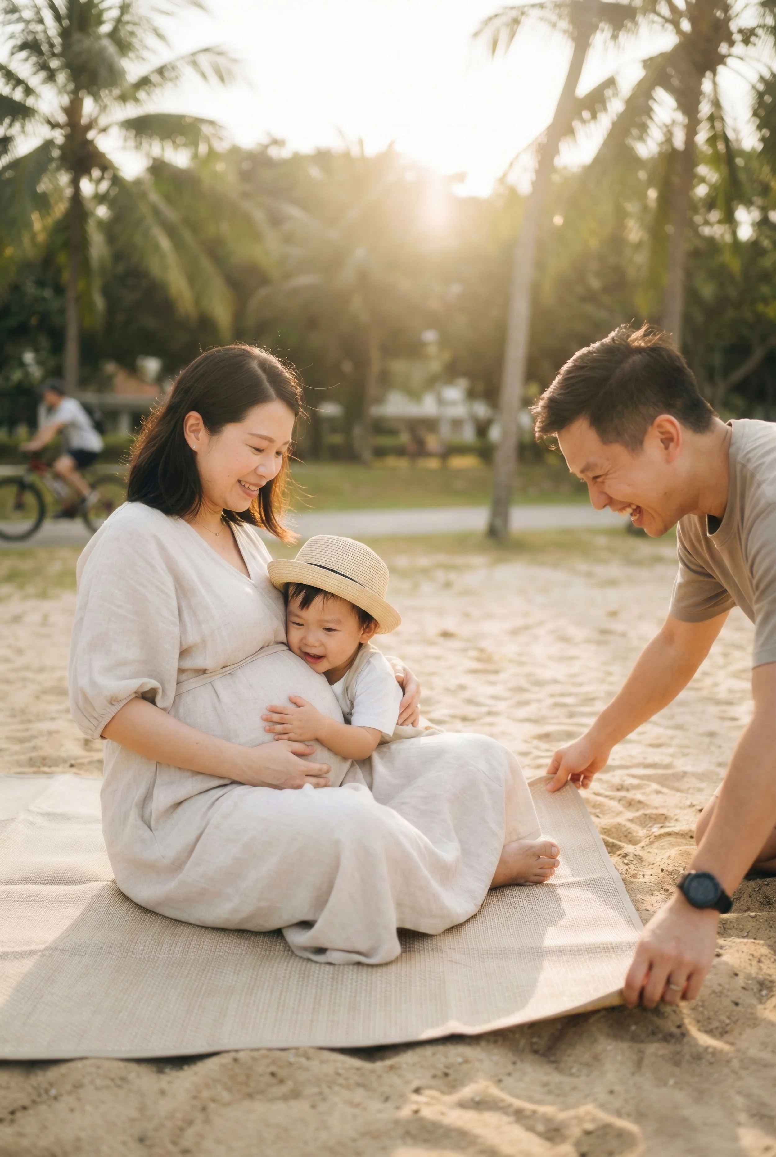 A family of three enjoying a day at the beach; a pregnant woman sitting on a mat, holding her young child who is hugging her, while the father is crouching and adjusting the mat. The family is smiling and the scene is illuminated by warm sunlight with palm trees in the background.
