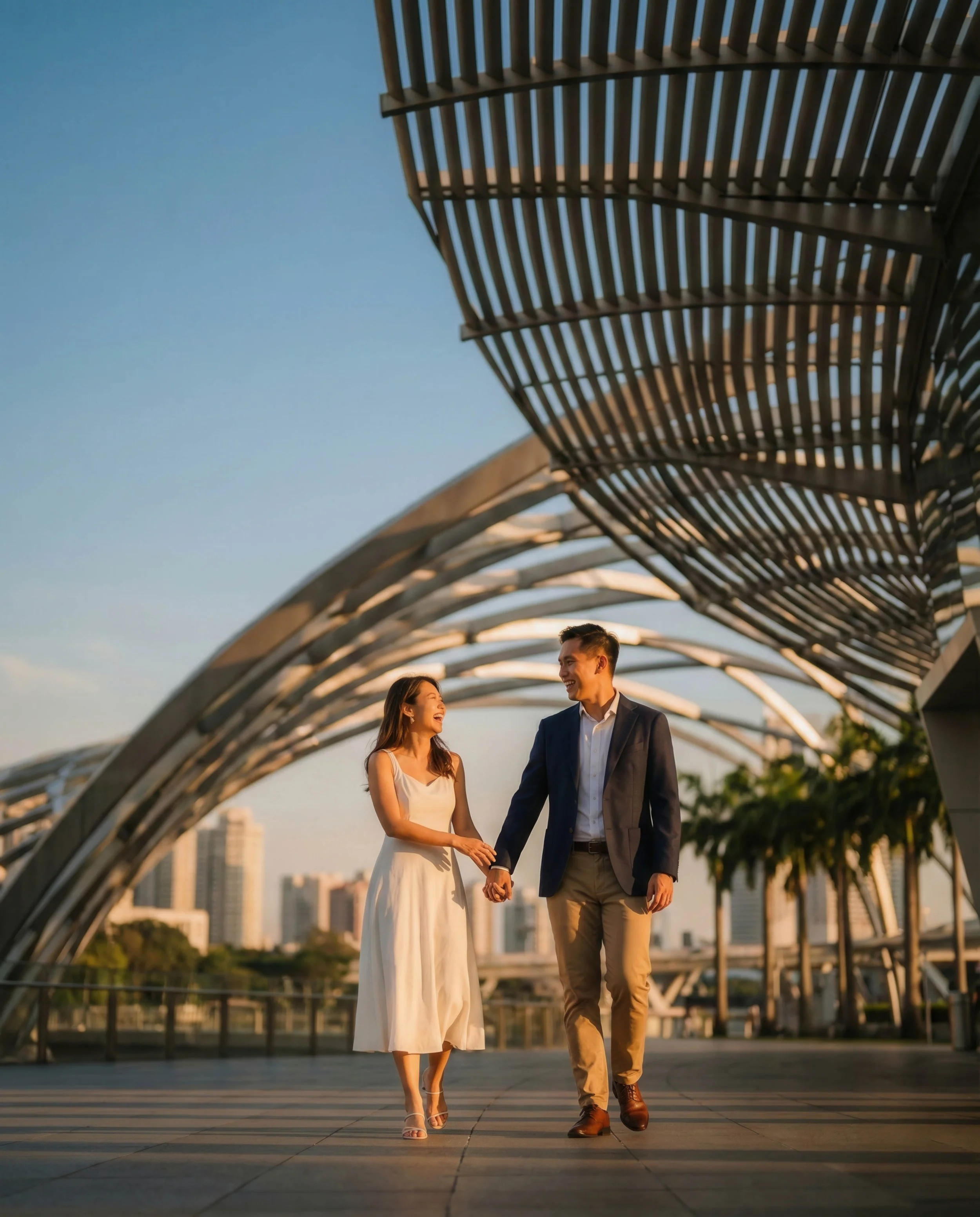 A couple holding hands and smiling while walking under modern architecture in an urban park during sunset.