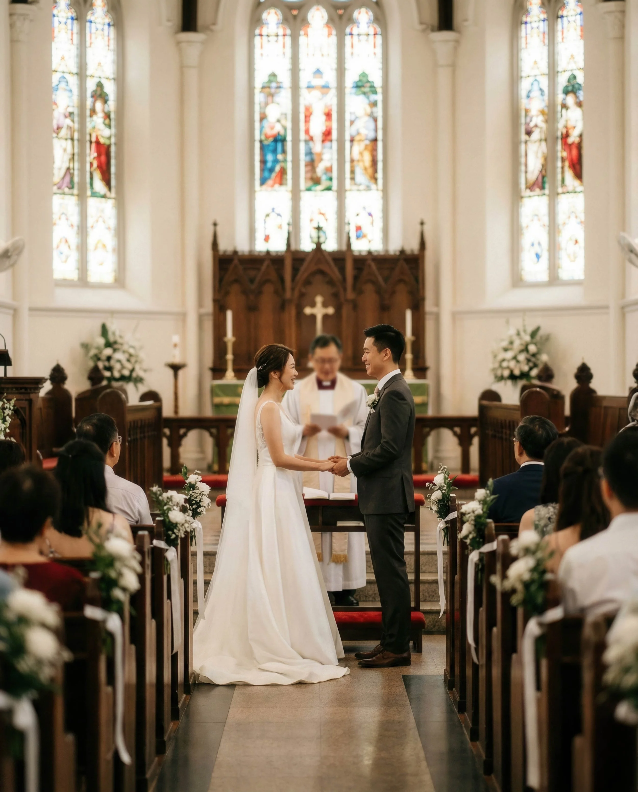 A wedding ceremony taking place inside a church with stained glass windows. The bride and groom are holding hands facing each other, with a priest officiating. Guests are seated on either side, observing the ceremony.