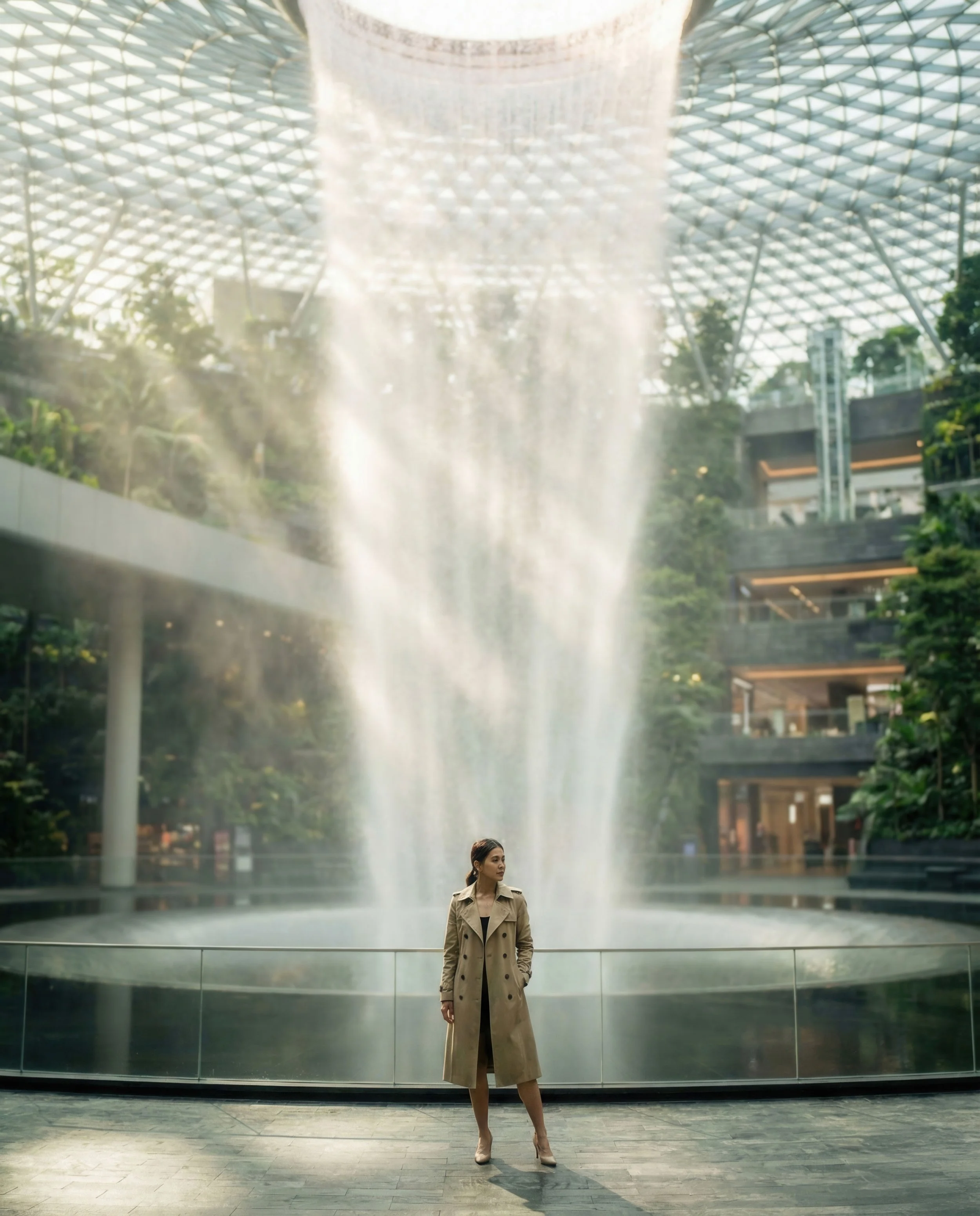 A woman in a beige trench coat and high heels standing in front of a large indoor waterfall in a modern architectural space.