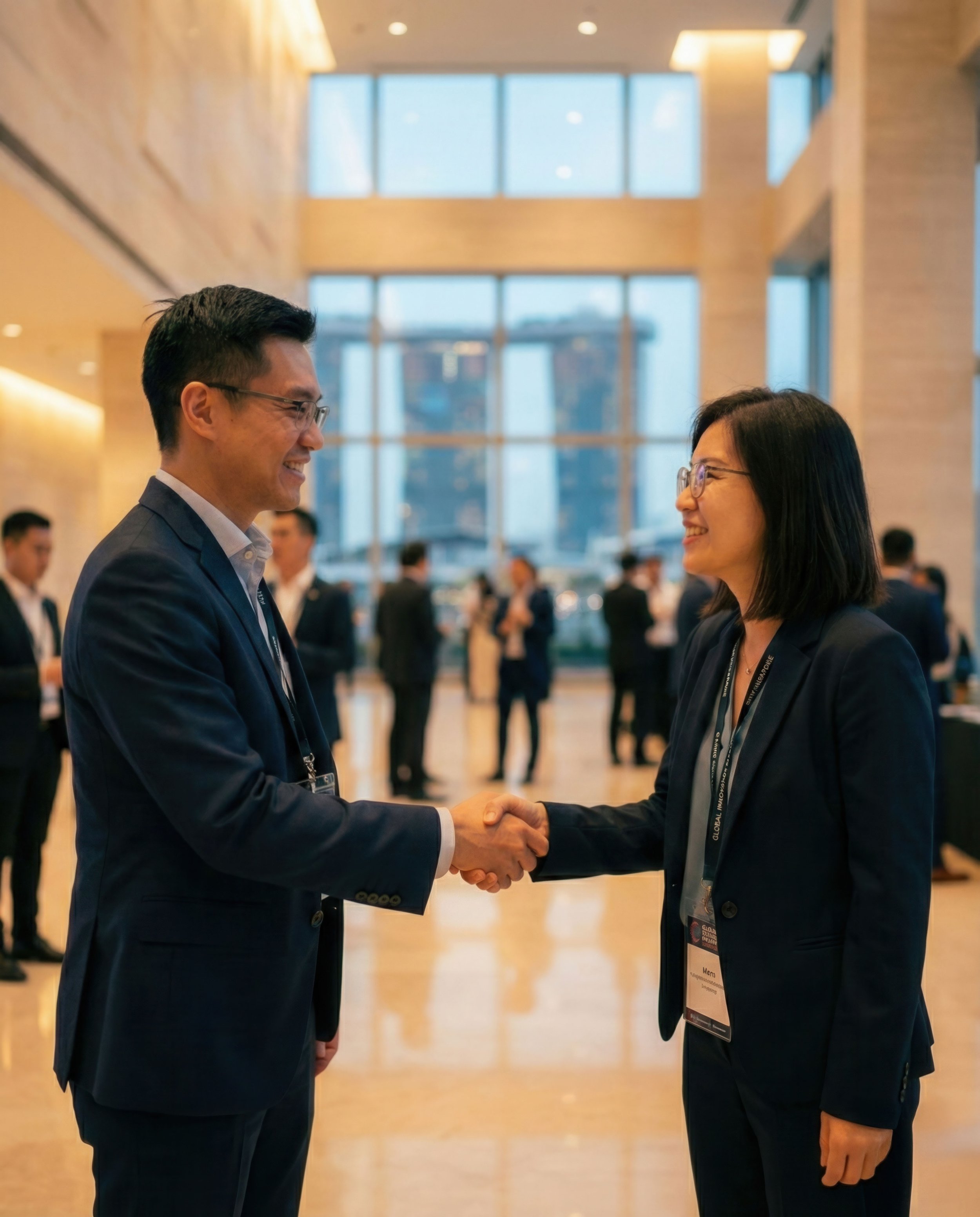 Business professionals attending a conference and networking in a room with large windows, a banner that reads 'Global Innovation Summit Singapore,' and banners with company logos.