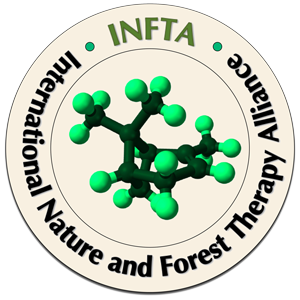 Logo of INFTA featuring a green molecular structure and text reading 'INFTA,' 'International Nature and Forest Therapy Alliance'.