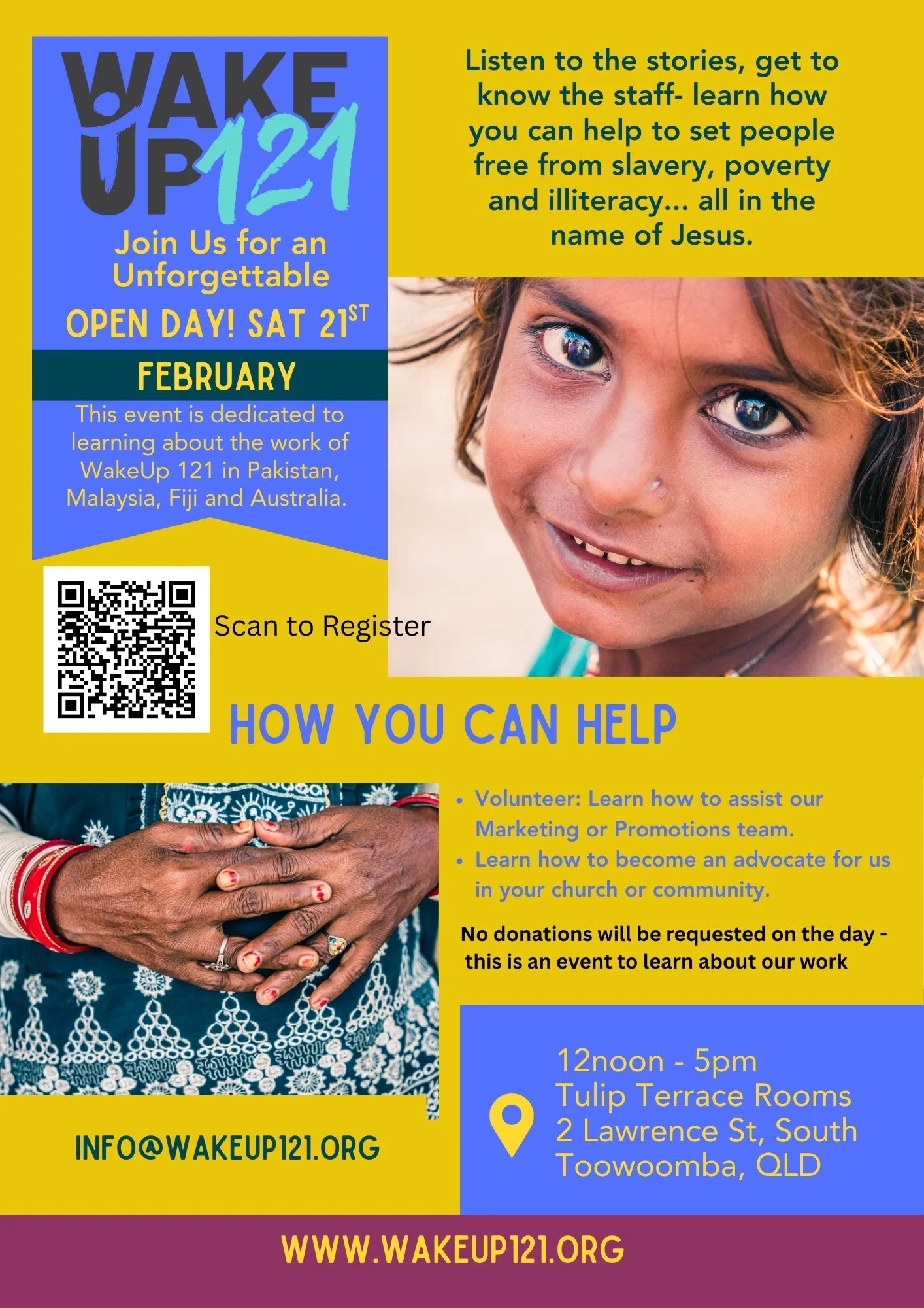 flyer promoting upcoming charity humanitarian open day