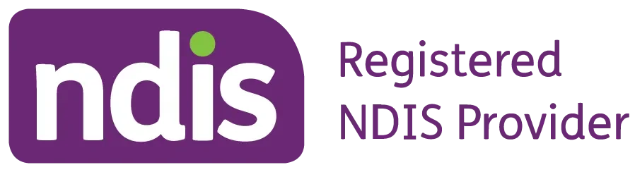 Logo of NDIS Registered Provider with purple background and white and purple text.