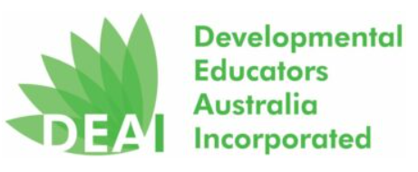 Logo of Developmental Educators Australia Incorporated with a green leafy design and the organization's name in green text.