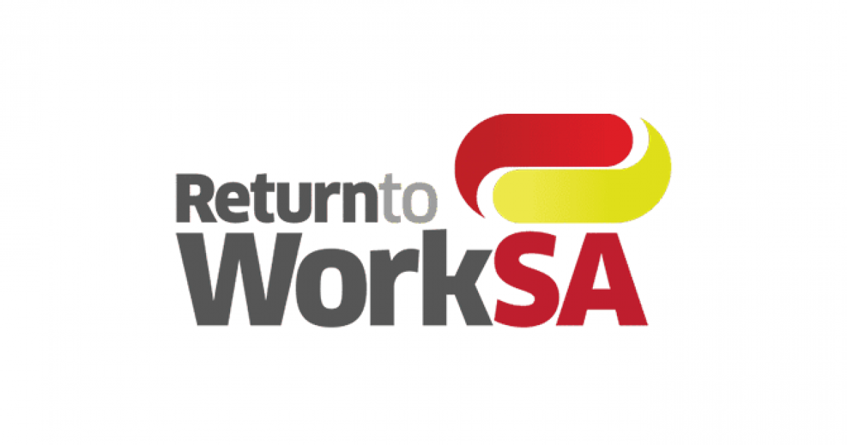 Logo with the text 'Return to Work SA' and a stylized sup sign in red and yellow colors.